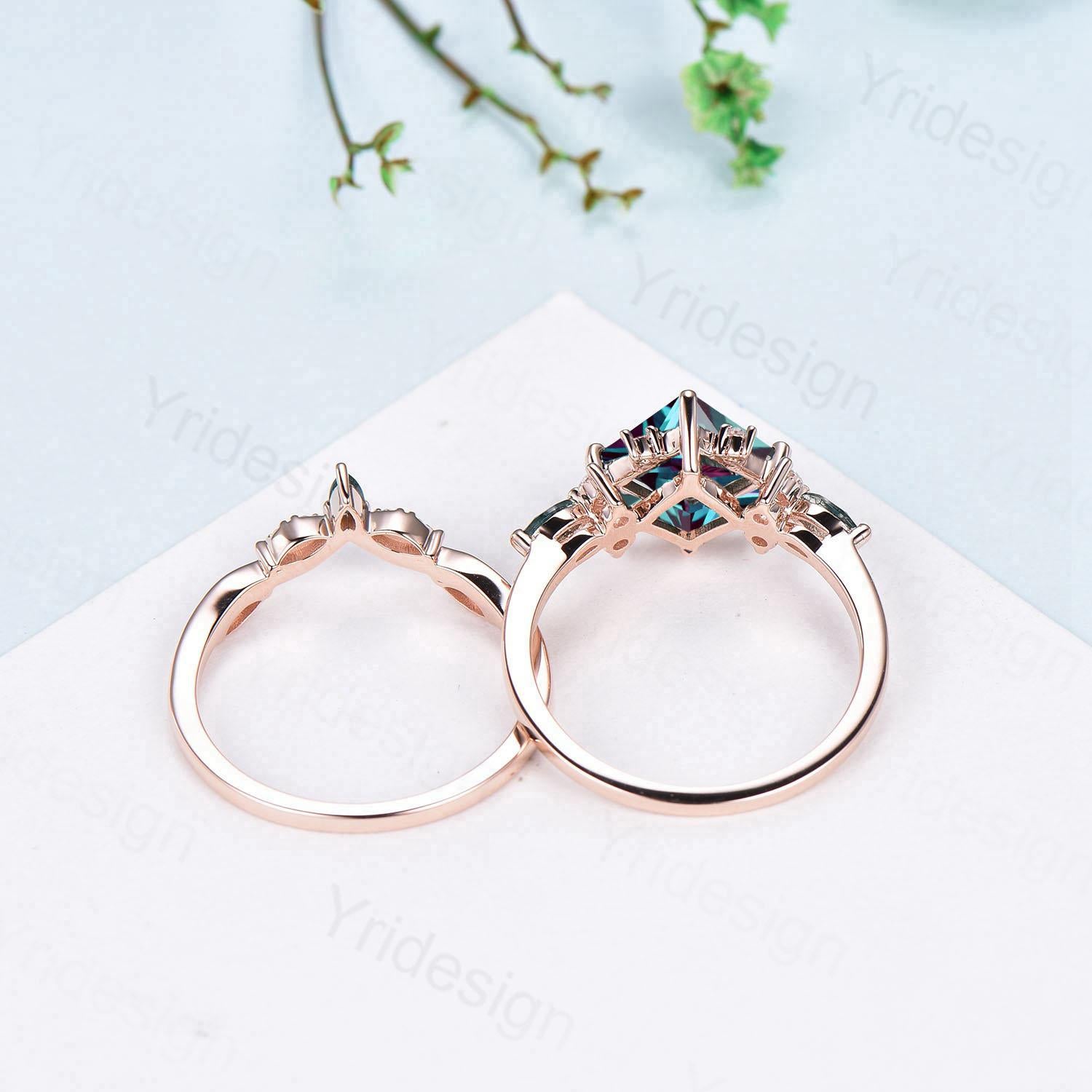 2CT Princess Cut Alexandrite & Moonstone Engagement Ring Set - 14K Rose Gold Bridal Jewelry for June Birthstone, Wedding & Anniversary Gifts (2-Piece Cluster Design)