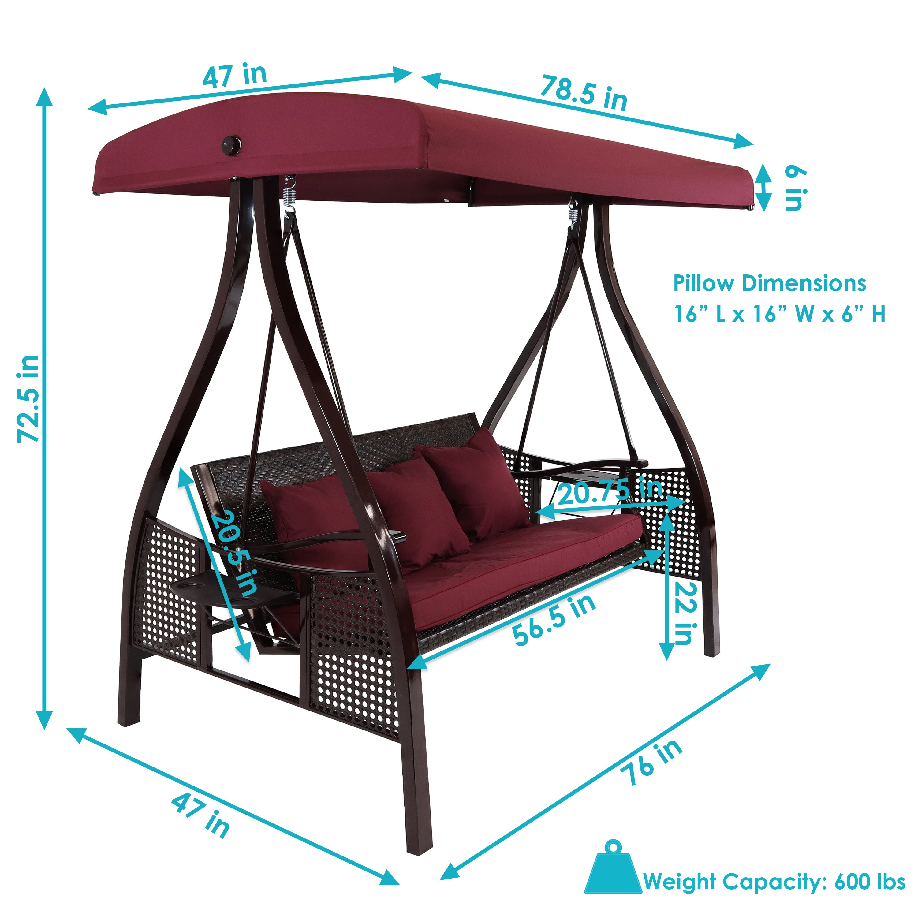 Sunnydaze 3-Person Steel Outdoor Patio Swing with Side Tables & Canopy - Merlot Red for Garden, Backyard, Porch Relaxation