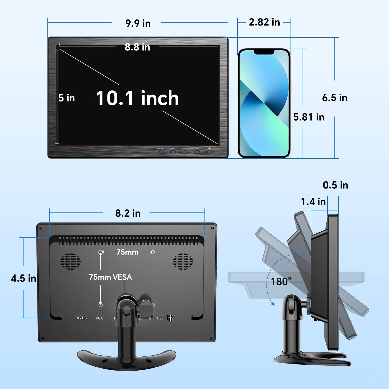Eyoyo 10.1 Inch HD Security Monitor 1366x768 Resolution, Compact HDMI VGA AV BNC USB Input Screen with Built-in Speakers for PC, CCTV Camera, NVR, Home & Office Surveillance