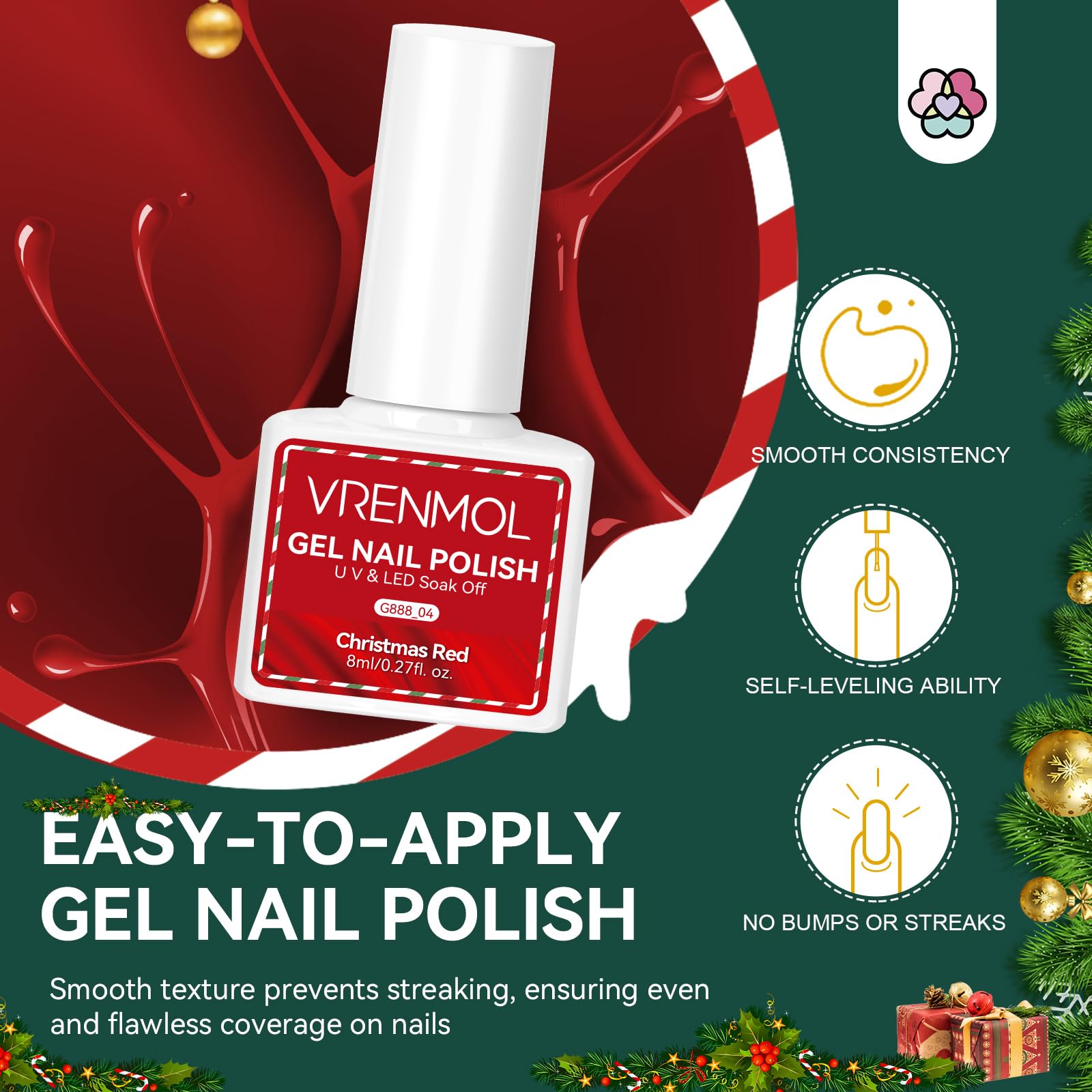 Vrenmol Christmas Gel Nail Polish Set - 6 Colors Glitter Soak Off LED Gel Polish Kit (0.27oz) with Nail Art Stickers & Liner | Red, Green, Gold, Silver Holiday Nail Designs for Home Salon, DIY Manicure & Party Nail Art
