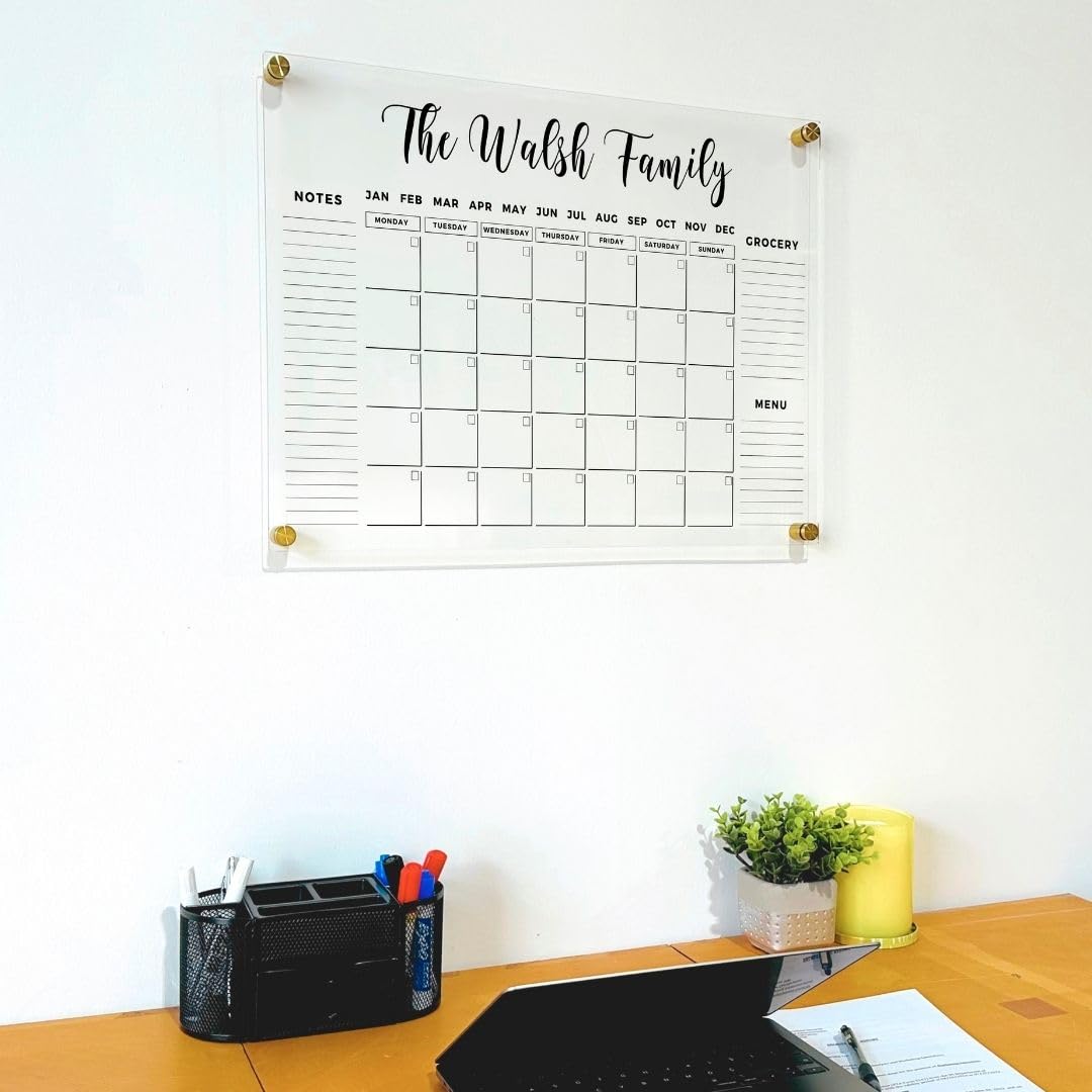 Personalized Gold Text Acrylic Wall Calendar 2025 - Custom Family Planner with Monthly & Weekly Layout - Perfect for Home Office, Kitchen, or Gift Idea