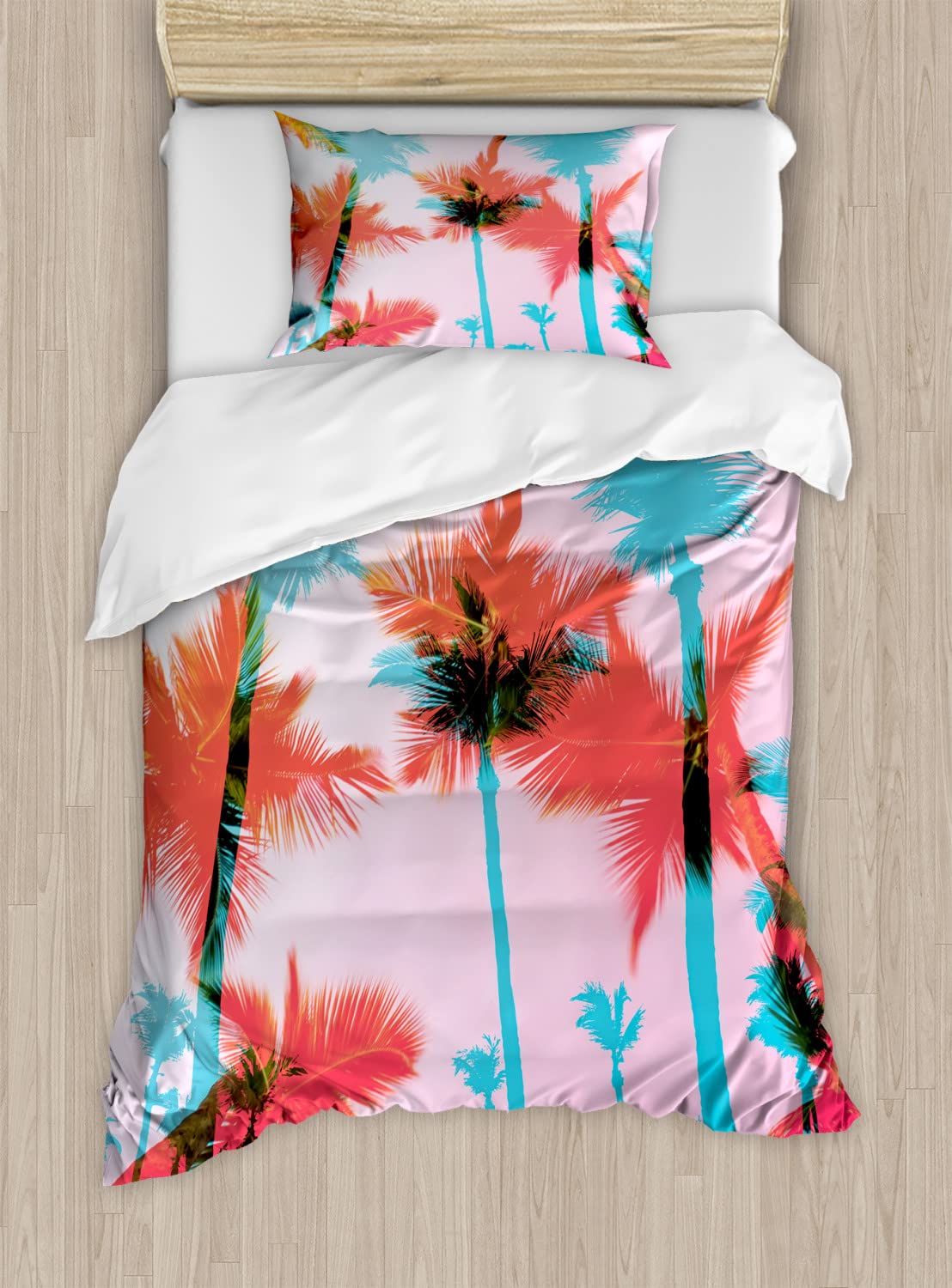 Ambesonne Tropical Duvet Cover Set - Coconut Palm Tree Silhouette Beach Theme Bedding (2-Pack Twin Size, Dark Coral Turquoise) | Exotic Island Summer Decor for Bedroom & Guest Room