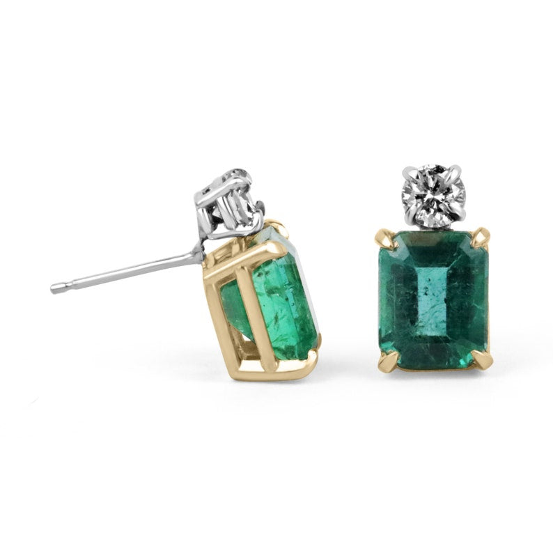 7.20tcw 18K Gold AAA Natural Emerald Cut & Round Diamond Stud Earrings - Vivid Sea Deep Bluish Green Two-Tone Jewelry for Women, Perfect for Weddings, Parties & Special Occasions