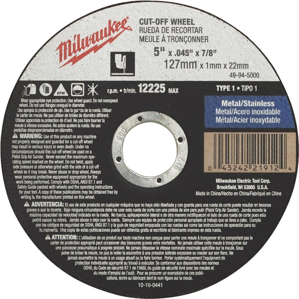 Milwaukee 5-Inch x 0.045-Inch x 7/8-Inch Type 1 Cutting Wheel - Premium Metal Cutting Disc for Angle Grinders - Perfect for DIY Projects, Metal Fabrication, and Construction Work