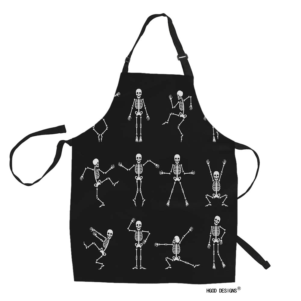 Funny Skeleton Print Kitchen Apron for Women & Men - Adjustable Cooking, Baking, Gardening Bib with Cartoon Dancing Bones Design - Perfect for Halloween, BBQ Parties & Home Use