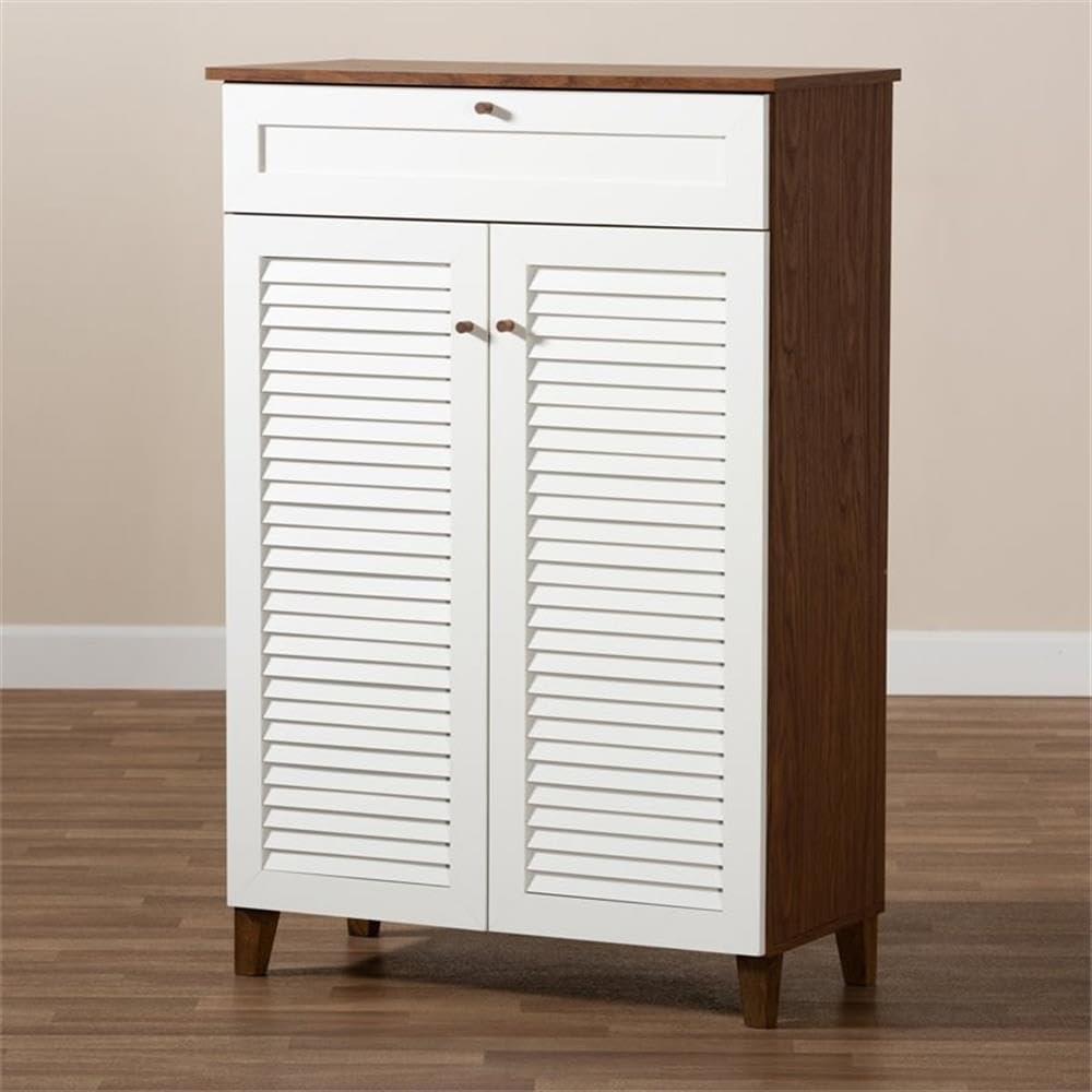 BOWERY HILL Modern 5-Shelf Shoe Storage Cabinet with Drawer - White & Walnut Wooden Shoe Organizer for Entryway, Closet, and Bedroom Organization