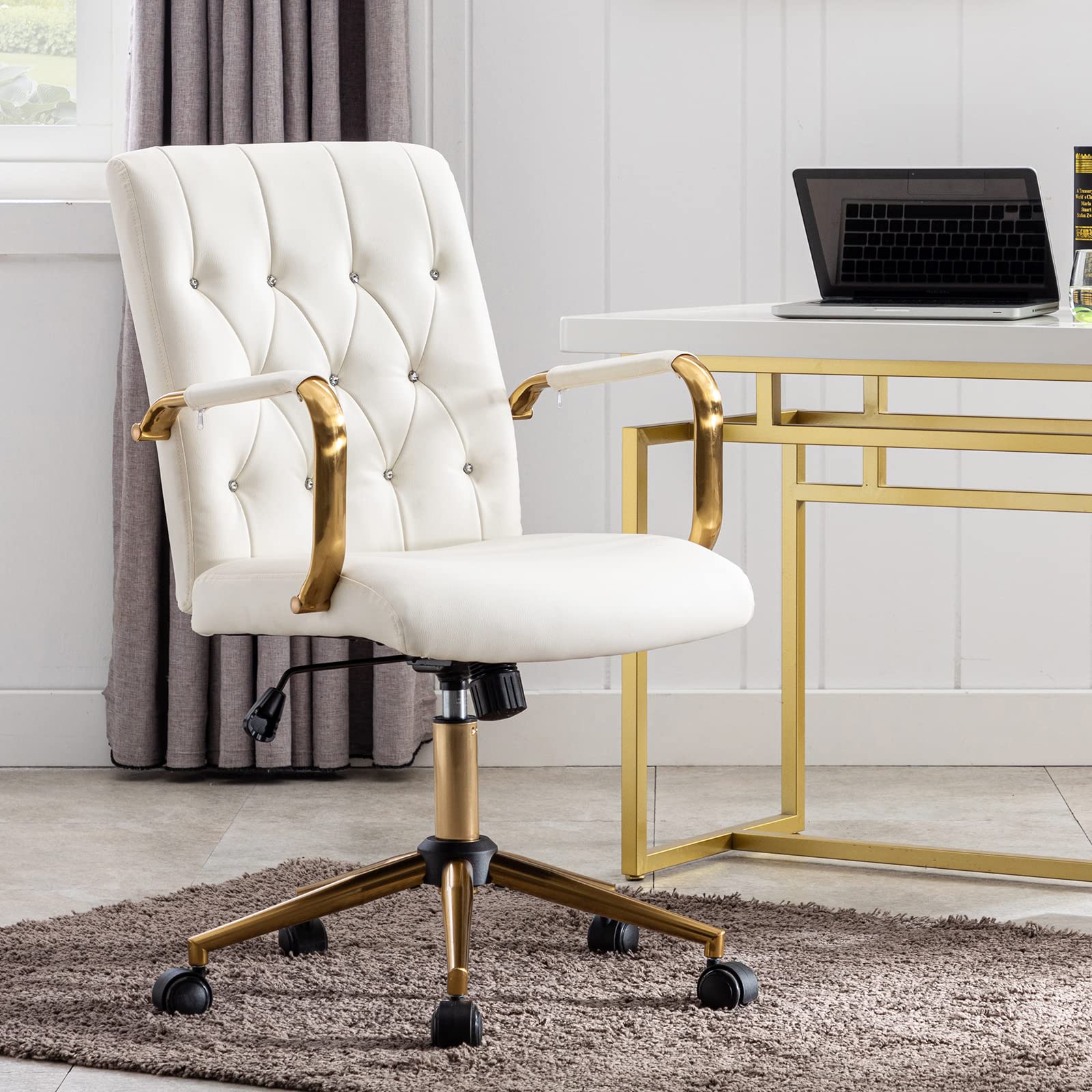 Premium PU Leather Home Office Desk Chair - Modern Gold Swivel Task Chair with Wheels, Adjustable Height & Armrests, Ergonomic Computer Chair for Office, Study, Gaming & Workspace - White & Gold Base