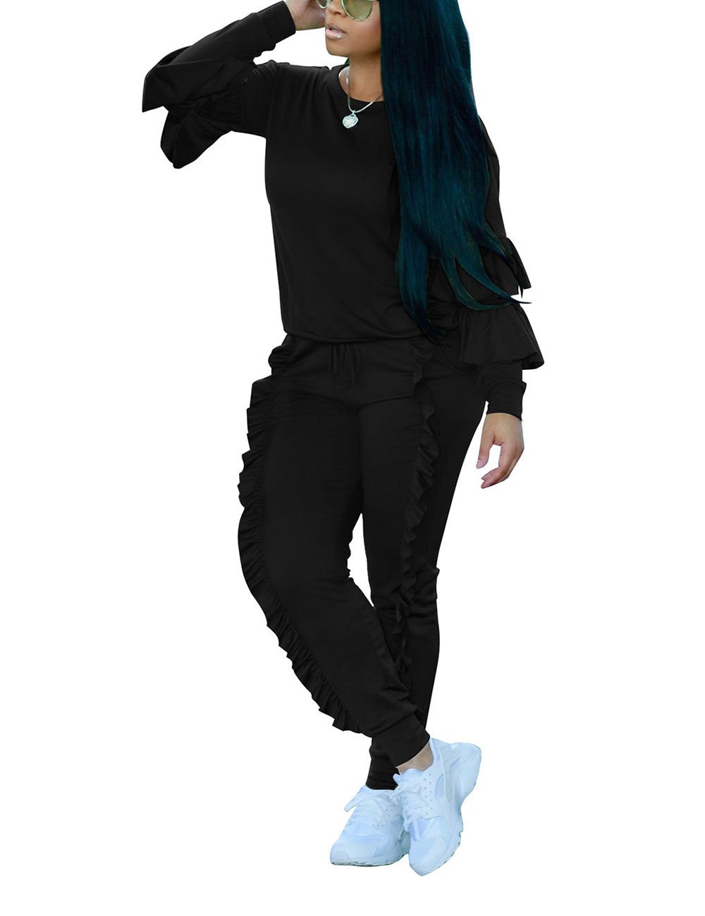 AKMIPOEM Women's 2-Piece Outfits - Ruffled Sleeve Sweatshirt & Long Pants Tracksuit Set | Casual Lounge Wear for Home, Gym & Street Fashion