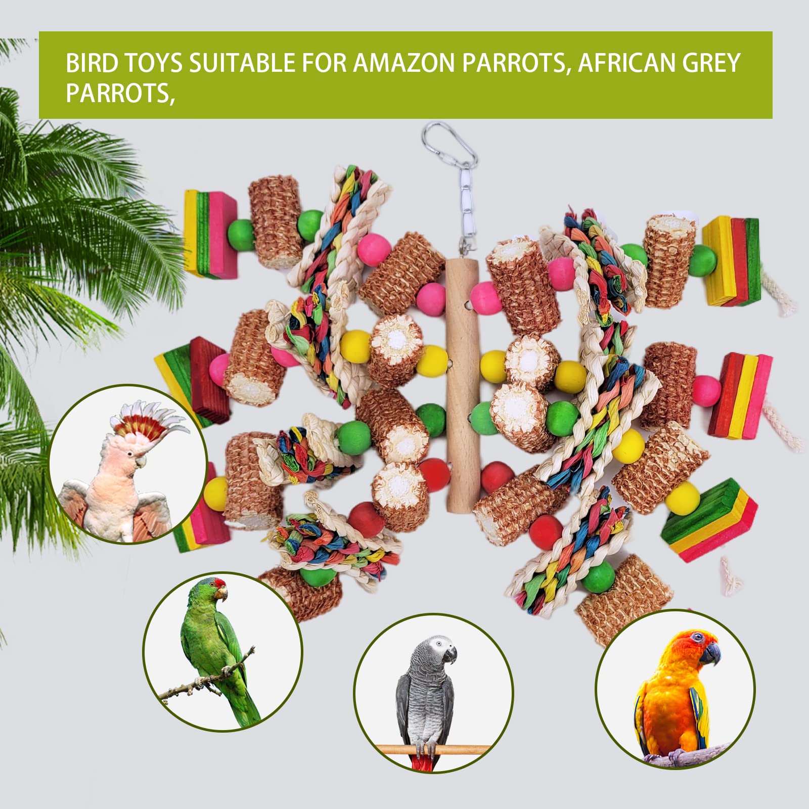 Natural Wooden Bird Toys for African Grey Parrots & Amazon Parrots - Colorful Chew Toys for Small & Medium Birds to Strengthen Beaks | Perfect for Cage Play & Mental Stimulation