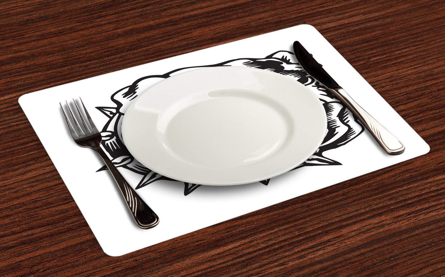 Ambesonne Bulldog Place Mats Set of 4 - Monochrome Grumpy Dog Design with Sharp Teeth, Washable Fabric Dining Table Mats (Standard Size, Charcoal Grey & White) - Perfect for Kitchen, Dining Room, and Pet-Themed Parties