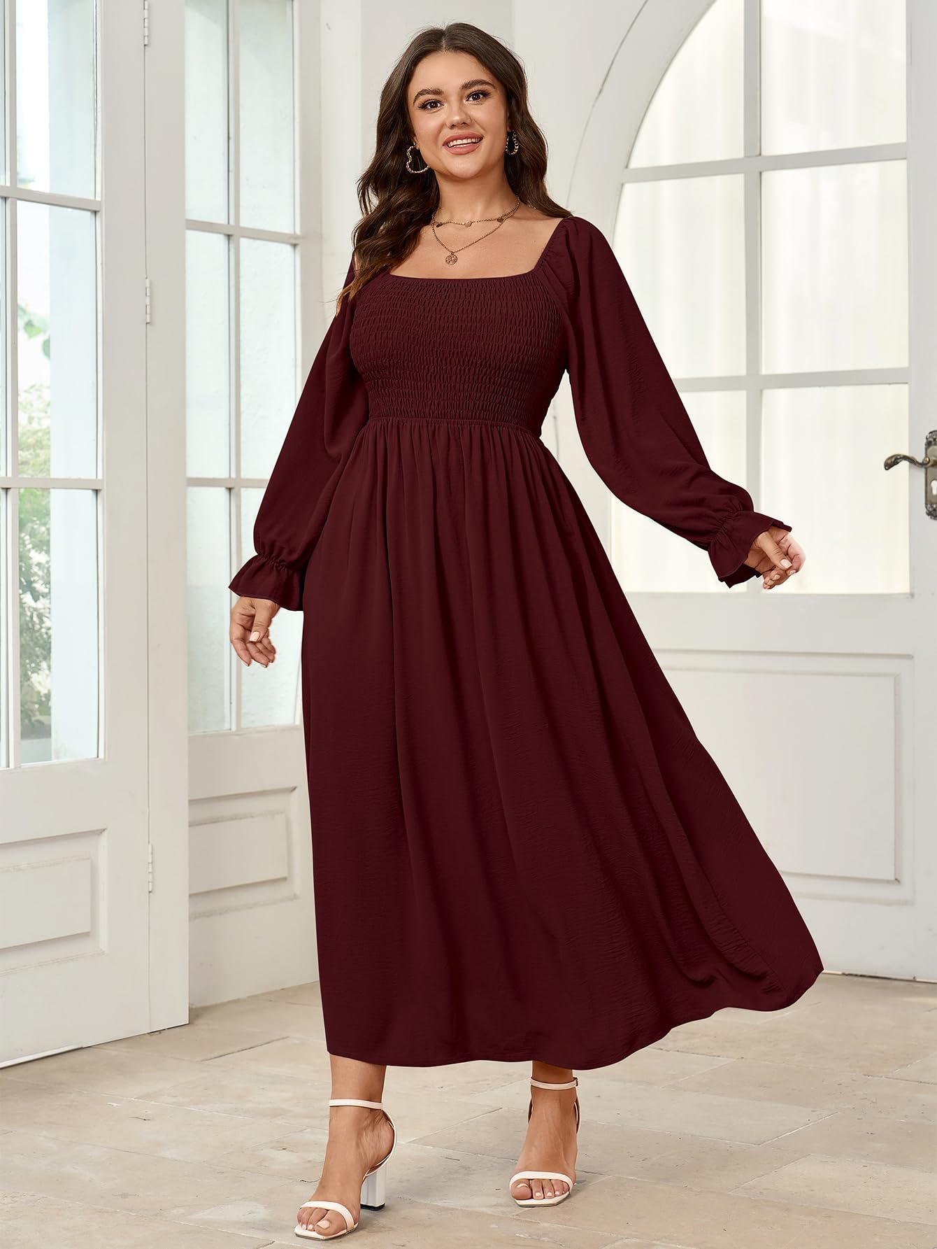 Plus Size Maxi Dress for Women - Long Sleeve Square Neck Smocked Flowy A-Line Boho Wedding Party Dress | Perfect for Beach Vacations, Bridal Showers & Summer Weddings