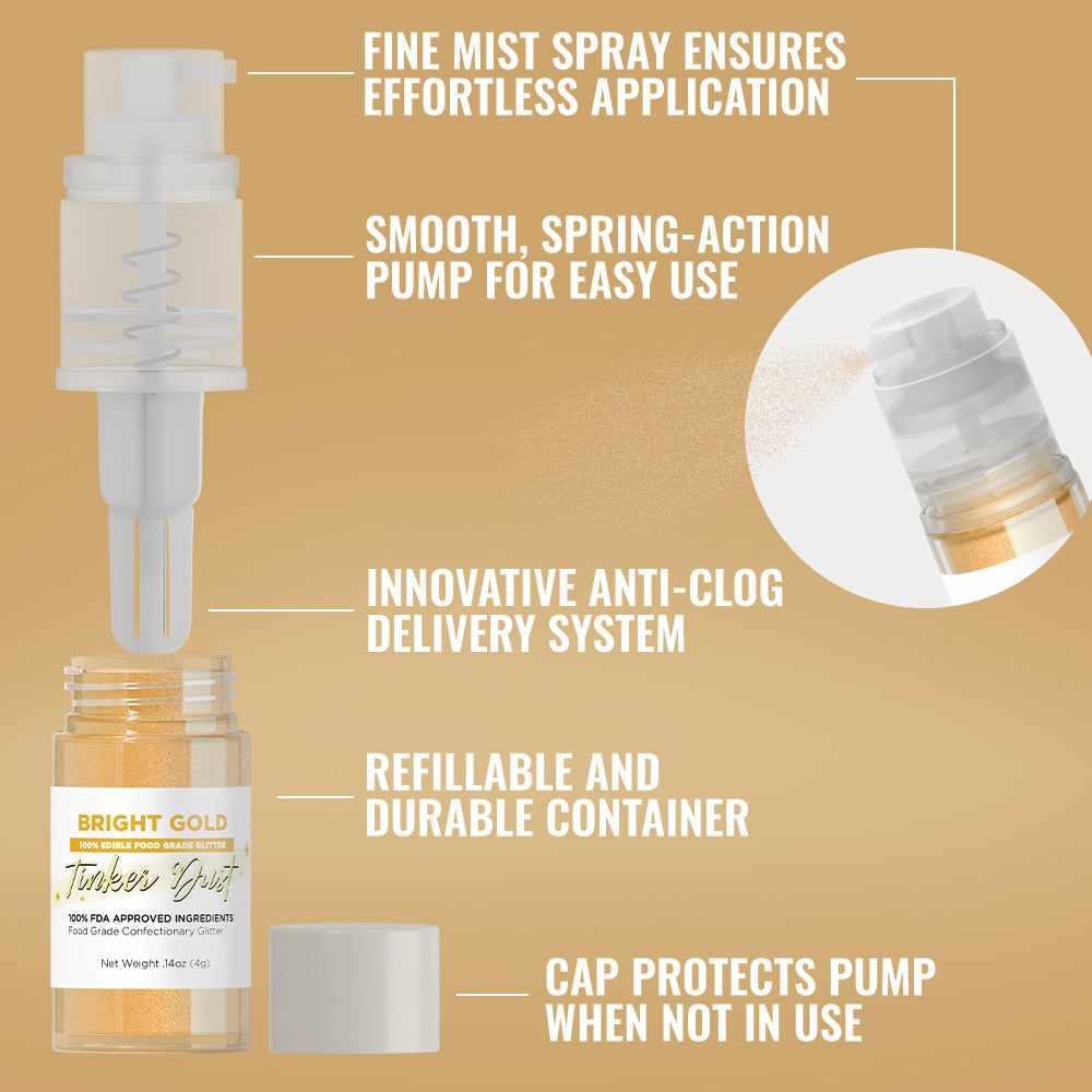 Tinker Dust® Bright Gold Edible Glitter Spray - 4g Pump Bottle for Cake Decorating, Cupcakes & Cocktails | Food Safe Sparkle Dust for Baking & Drink Garnish