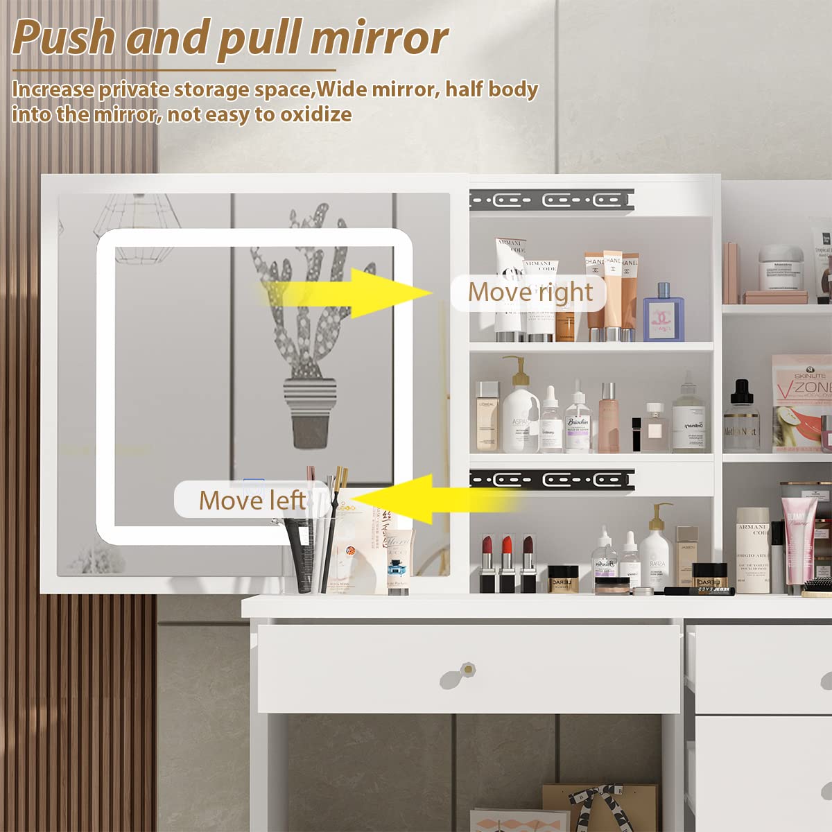 Large White Vanity Table Set with Lighted Mirror, 5 Drawers & Shelves - Makeup Dressing Desk with Cushioned Stool for Bedroom, Bathroom or Dorm Room Organization