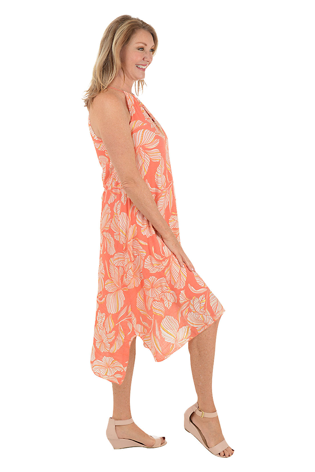 Golden Hibiscus Necklace Sleeveless Summer Dress for Women - Floral Print Beach Party, Vacation & Evening Wear