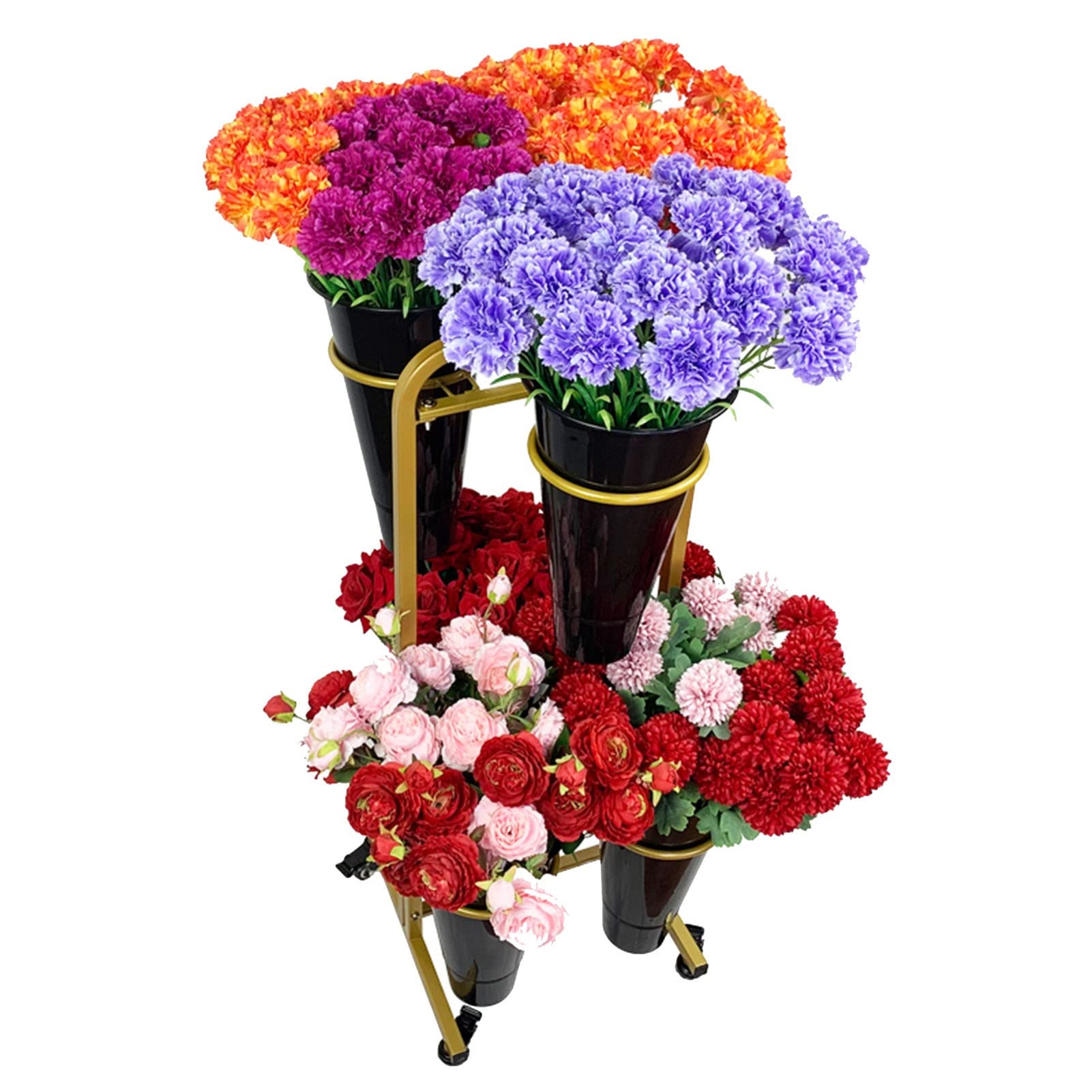 Premium 2-Tier Metal Flower Holder Rack - Gold Shelf & Black Bucket Garden Plant Stand for Outdoor Floral Displays | Perfect for Florists, Gardening, Patio Decor & Wedding Arrangements (6 Barrels, 2 Layers)