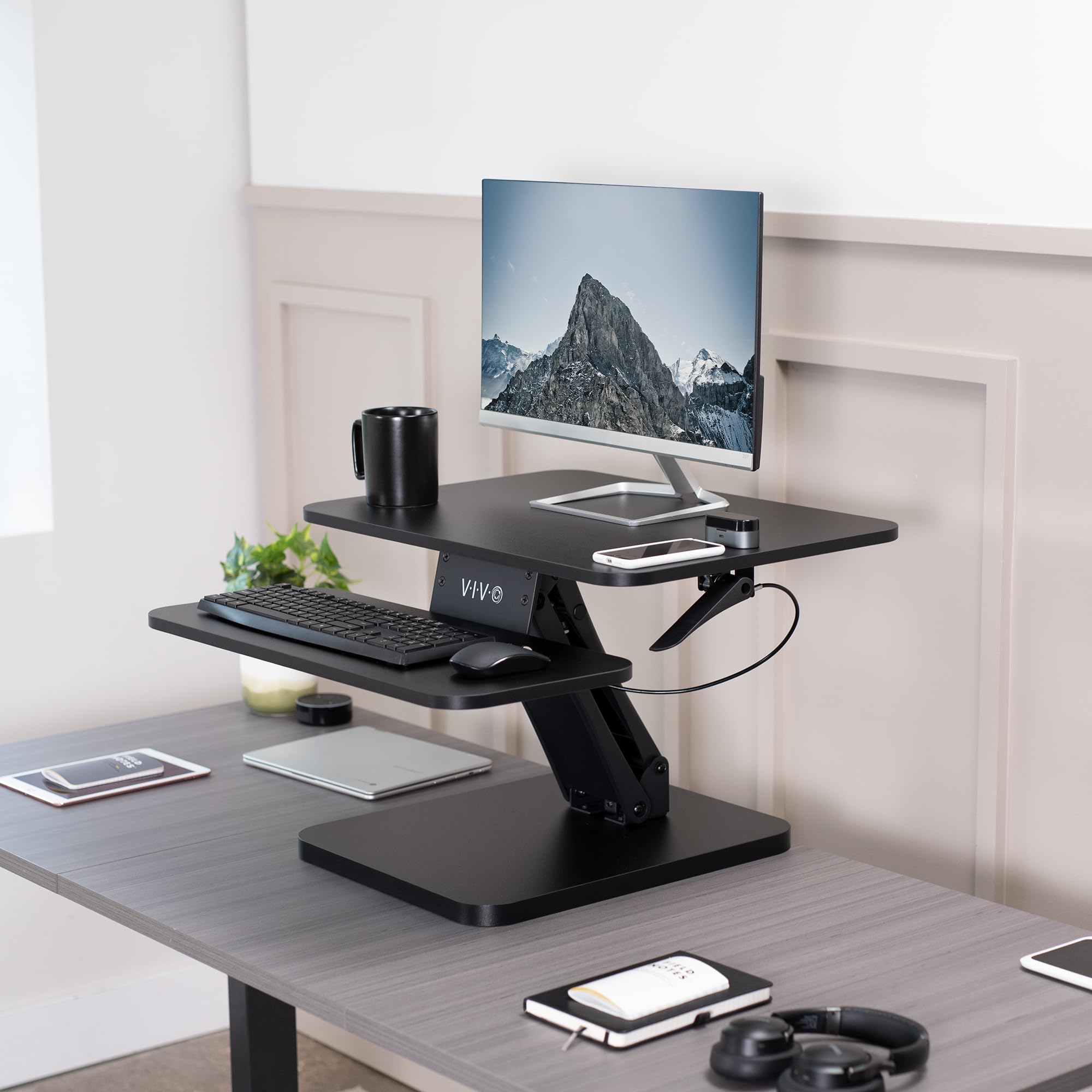 VIVO Black 25 inch Adjustable Standing Desk Converter | Compact Sit Stand Workstation for Monitor & Laptop | Home Office & Gaming Setup | Model DESK-V001G