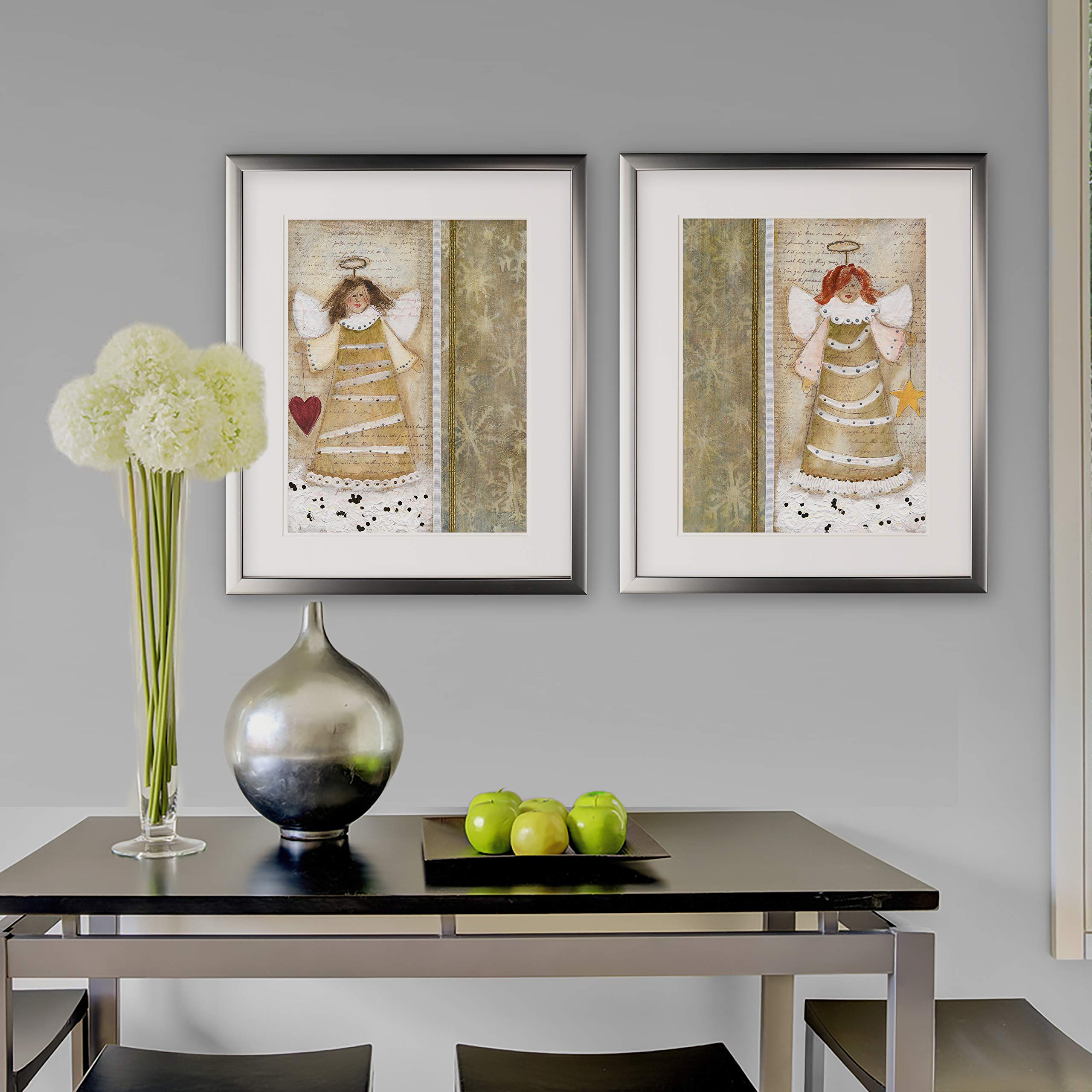 Wexford Home Christmas Angel 2-Piece Set - Silver Frame Wall Art Prints for Holiday Decor & Gift Giving