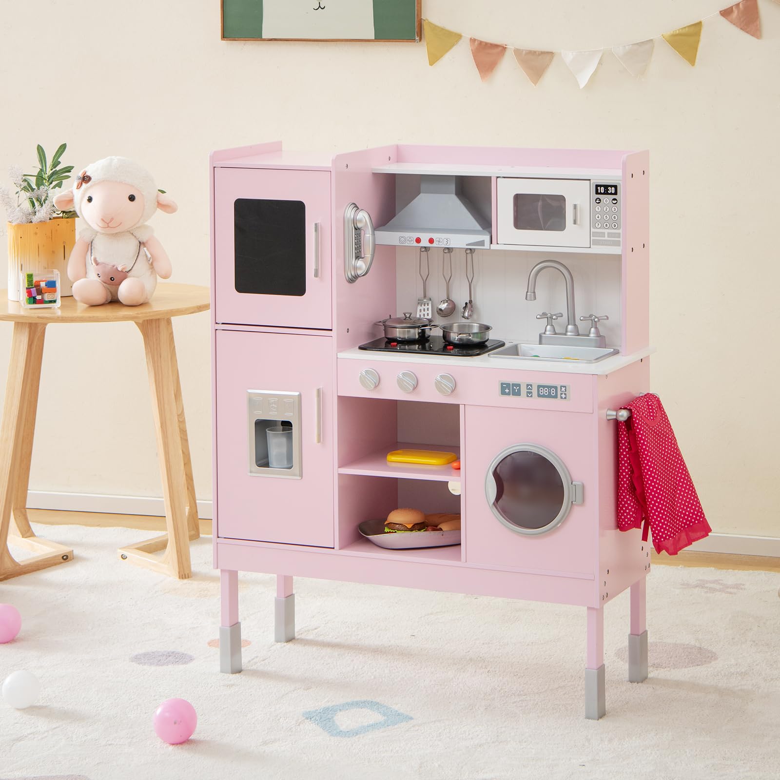 HONEY JOY Pink Wooden Play Kitchen Set for Toddlers - Pretend Play Toy with Microwave, Cookware, Washing Machine & Blackboard - Educational Gift for Boys & Girls - Perfect for Birthday, Christmas & Role-Playing Fun