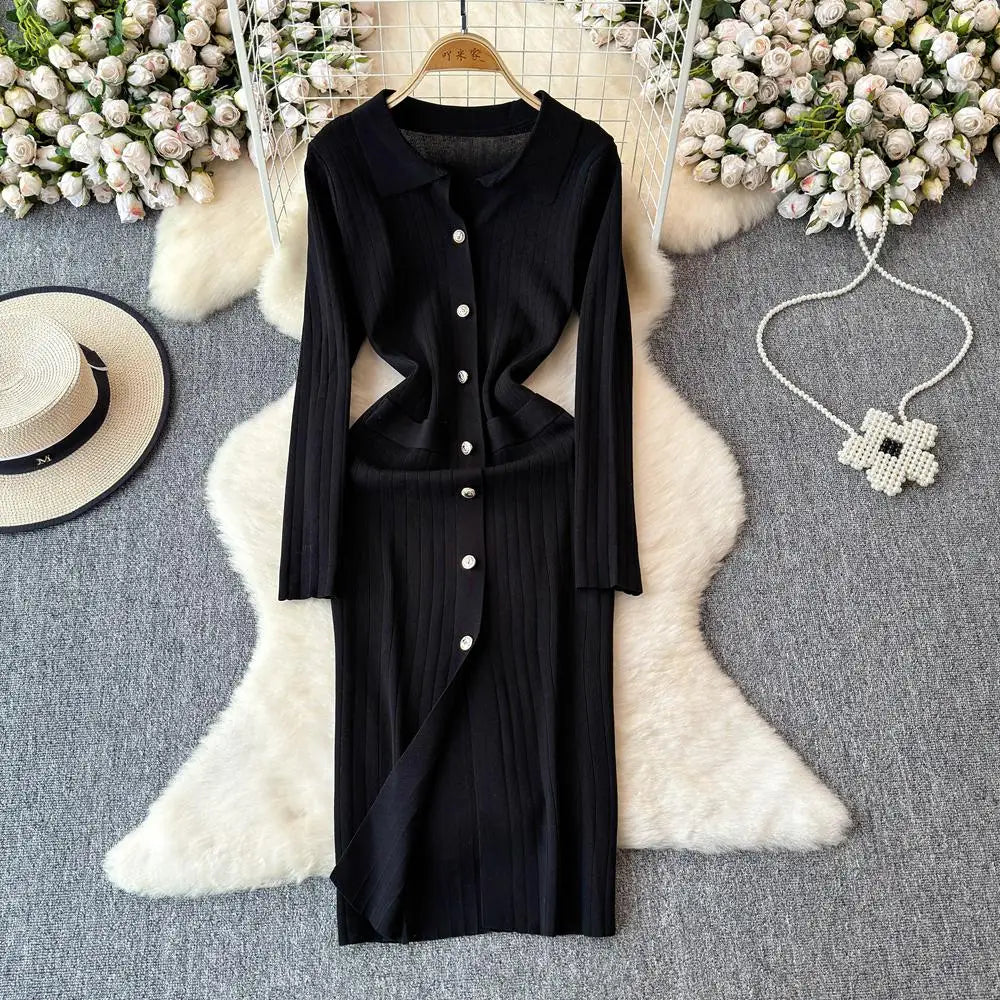 Autumn 2024 Women's Solid Color Single Breasted Knit Long Dress - French Elegant Office Wear Long Sleeve Dress for Work & Formal Occasions