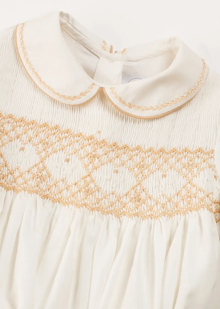 Hand Smocked Peter Pan Collar Short Sleeve Two Piece Set for Girls in Beige (18 Months to 6 Years) - Perfect for Birthday Parties, Photo Shoots & Special Occasions