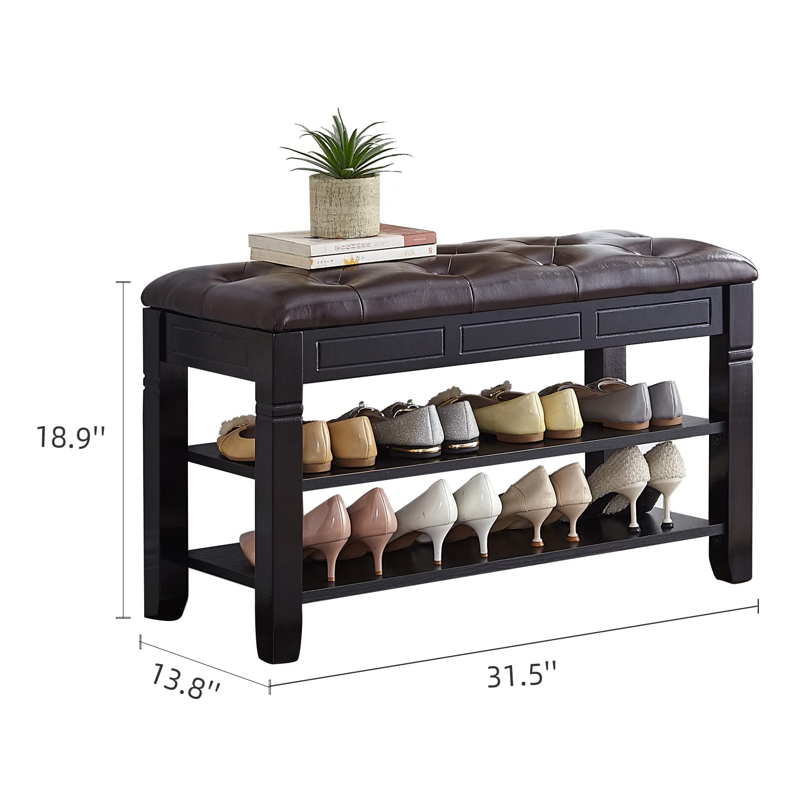 Wooden Shoe Storage Bench with Lift Top & Fiberleather Seat - 2-Tier Entryway Shoe Rack Organizer (31.5x13.8x18.9 Inches, Black) - Perfect for Hallway, Living Room & Mudroom Organization