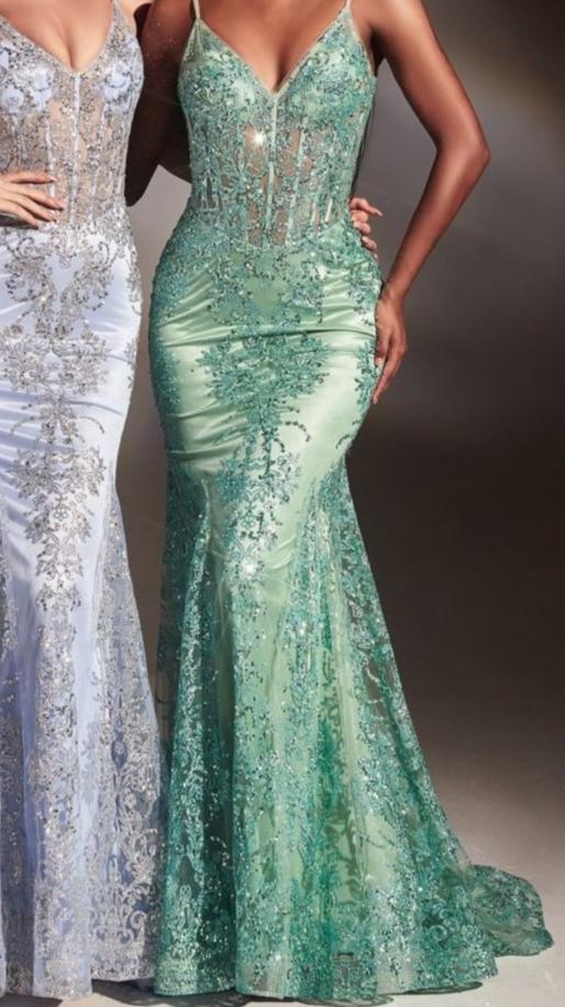 Lyra Gown in Sage Green - Fitted Floral Glitter Print Corset Evening Dress for Prom, Wedding & Special Occasions