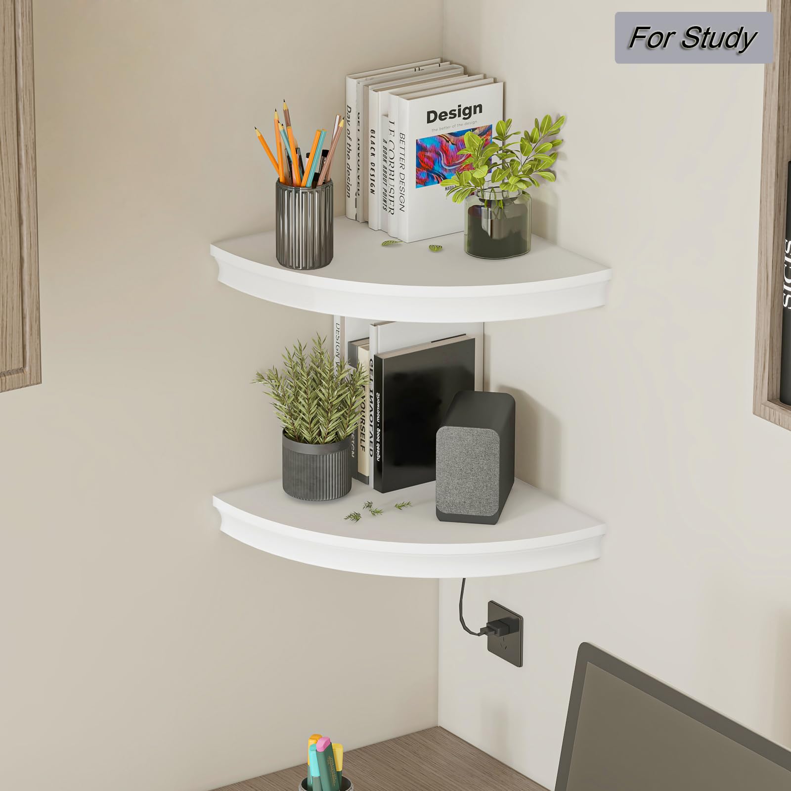 HAO Floating Corner Shelf Set of 2 - 17 Inch Invisible Wall Mounted Shelves with Radial Cable Hole Pattern - White - Perfect for Bedroom, Bathroom, Living Room & Kitchen - Space Saving Storage for Small Spaces, Home Decor & Organizing Essentials