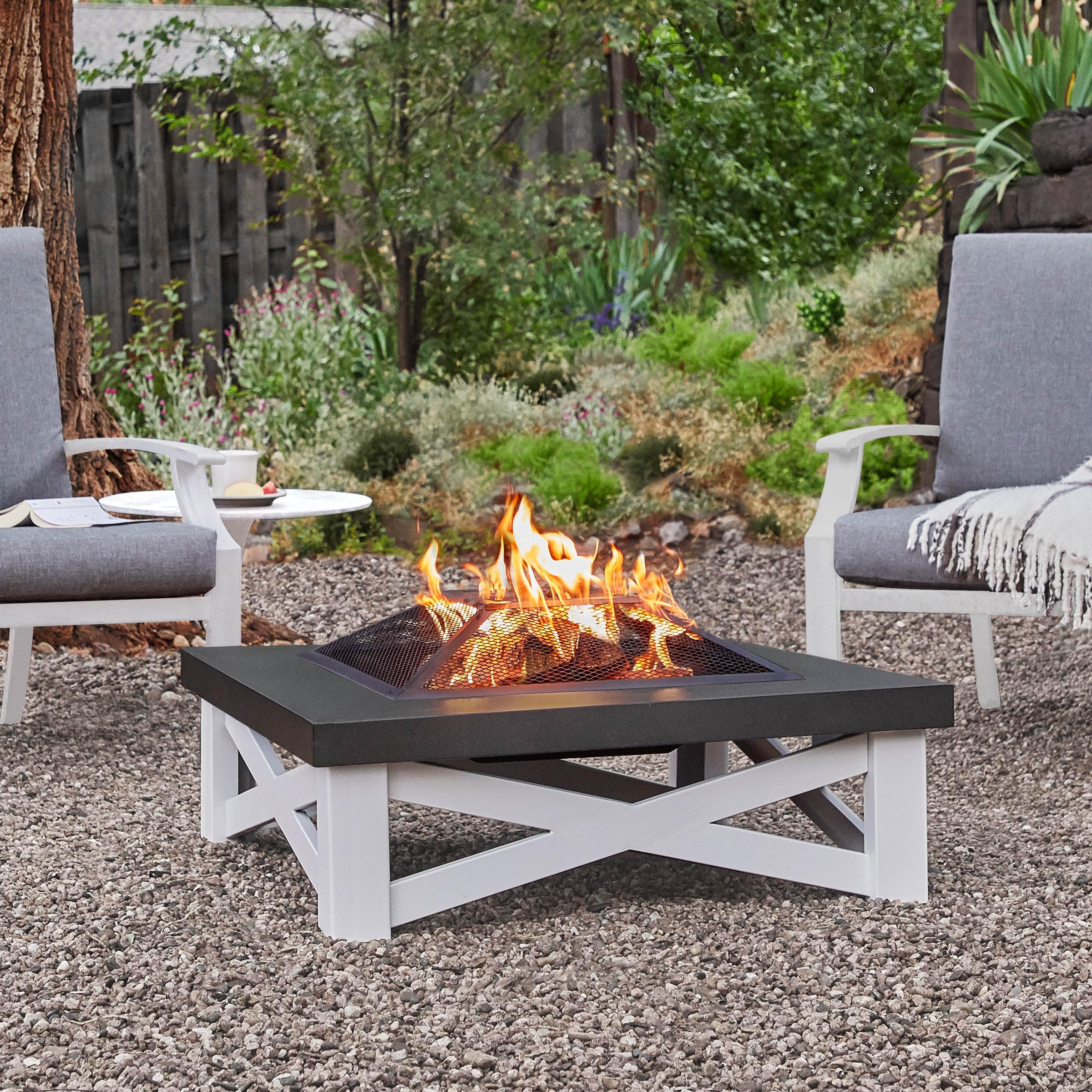 Real Flame Austin Fire Pit - Wood Burning & Freestanding Outdoor Fire Pit with Spark Screen, Log Poker & Storage Cover - Perfect for Backyard, Patio & Camping Gatherings