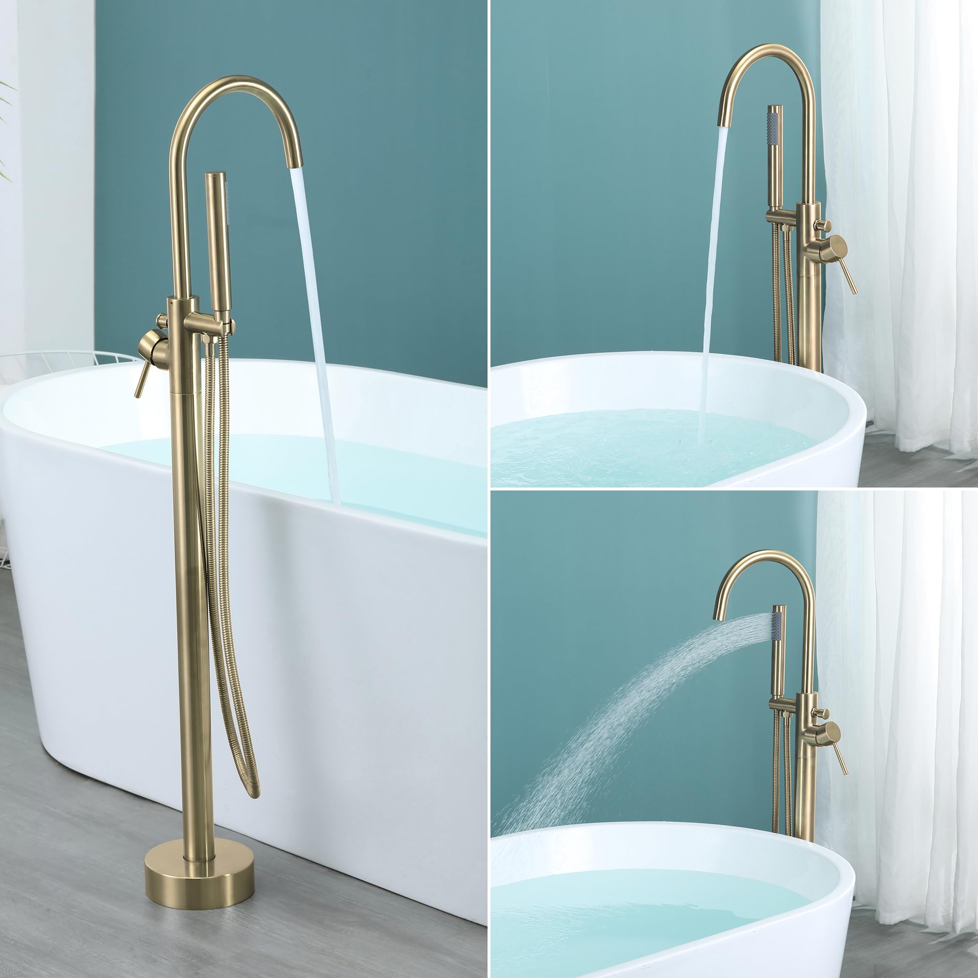 Freestanding Bathtub Faucet Brushed Gold - High Flow Brass Tub Filler with Hand Shower & Sprayer, Single Handle Floor Mount Faucet with Diverter for Luxury Bathroom & Spa Experience - JIAENLEMA