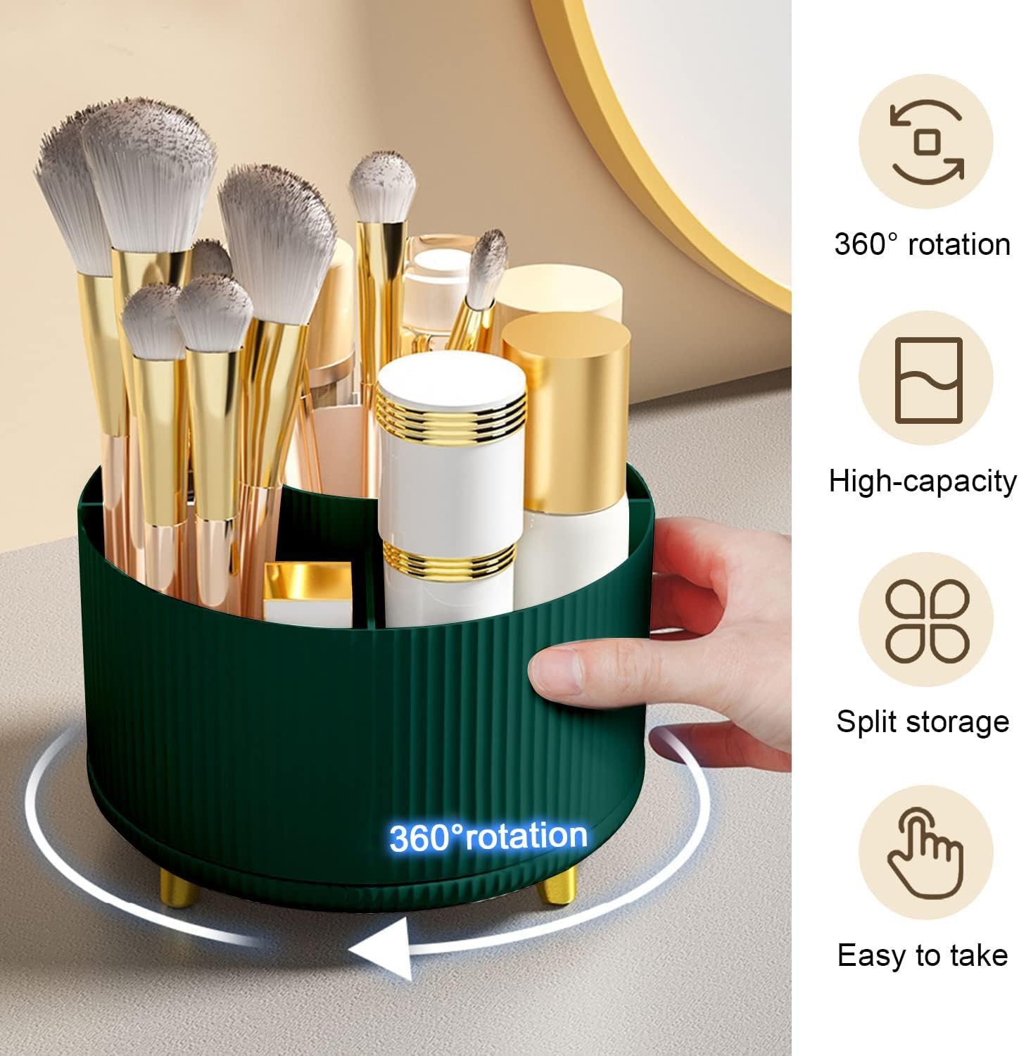 FreshDcart Stylish 5-Slot Rotary Makeup Organizer with Round Tray & Brush Holder - Dark Green Cosmetic Storage for Office Desk, Vanity, Bathroom | Perfect for Makeup Brushes, Lipsticks, Eyeliners & Beauty Tools Organization