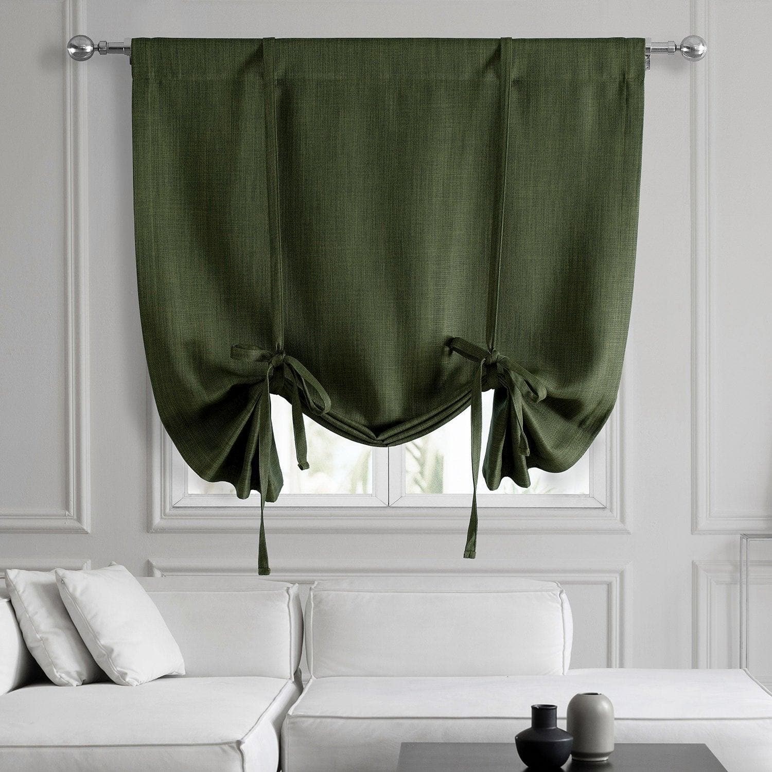 Tuscany Green Textured Faux Linen Blackout Window Shade - Room Darkening Tie-Up Curtain for Bedroom, Living Room & Nursery - Light Blocking & Privacy Window Treatment