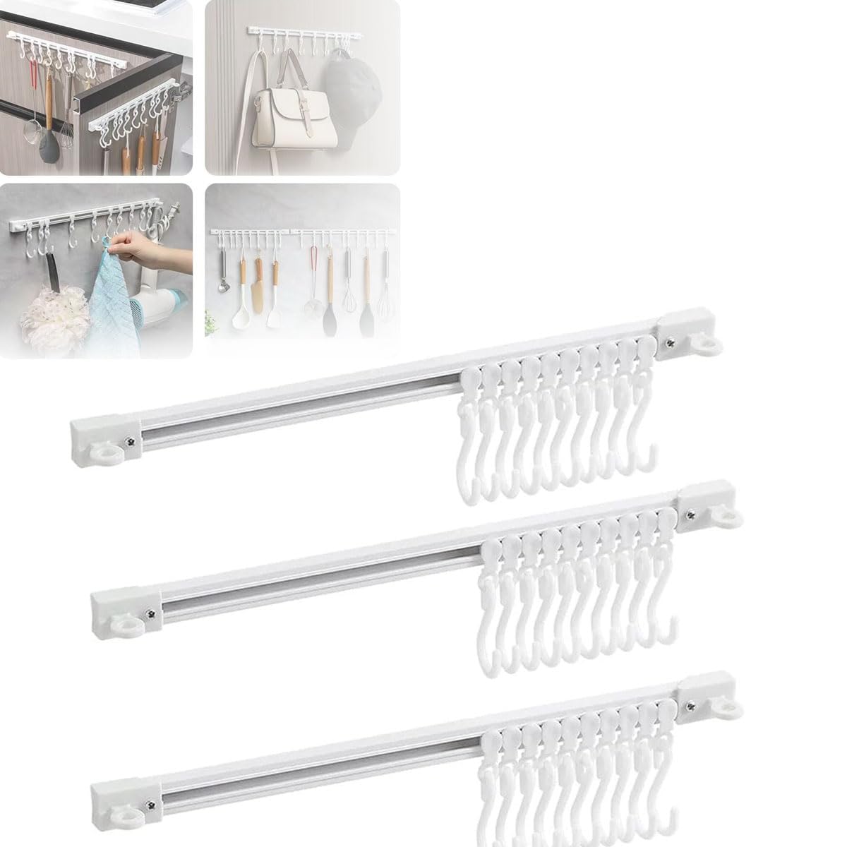 10-Pack Multifunctional Slide Rail Hooks - No Drill Adhesive Wall Hooks for Kitchen, Bathroom & Bedroom - Space Saving Utensil Rack (30cm/11.8in) - Perfect for Organizing Sponges, Towels & Cooking Tools