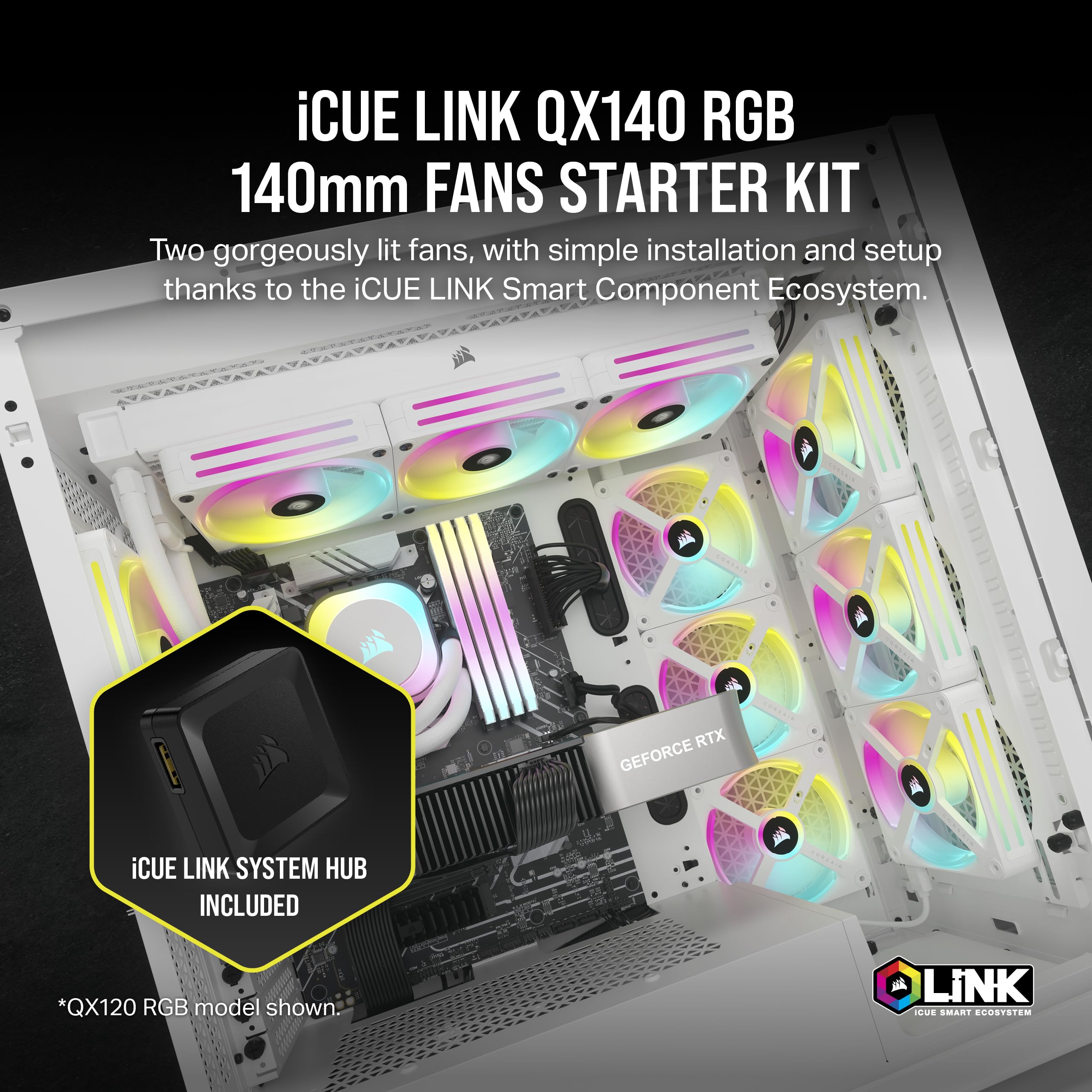 Corsair iCUE LINK QX140 RGB 140mm Magnetic Dome RGB PC Cooling Fans - Double Fan Starter Kit with iCUE LINK System Hub (White) - High Performance Computer Case Fans for Gaming PC, Workstation & Custom Builds