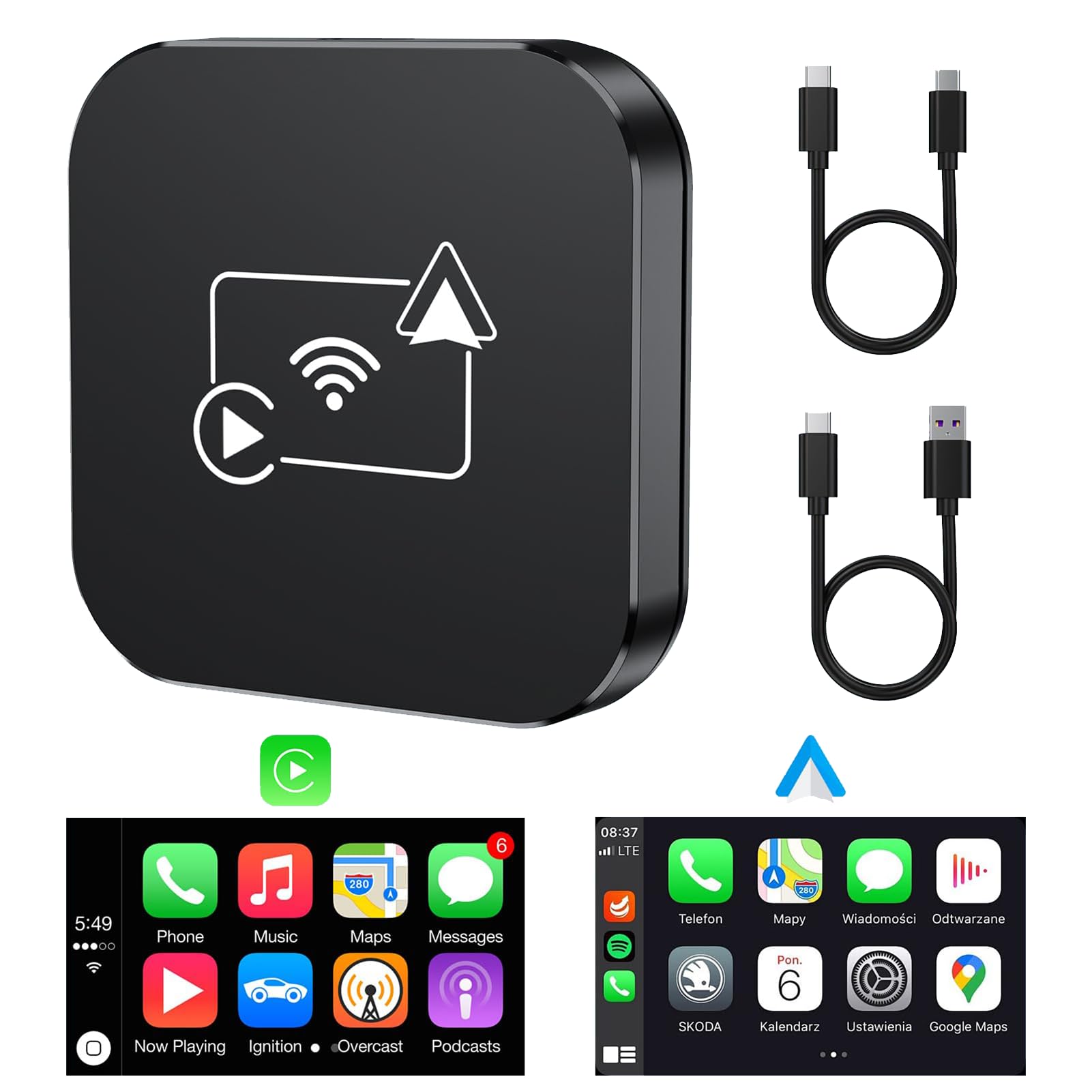 2024 Upgraded Wireless Android Auto & CarPlay Adapter - Convert OEM Wired to Wireless Connection with USB-C/USB-A Cables (Black) | Seamless Smartphone Integration for Safer Driving & Hands-Free Navigation