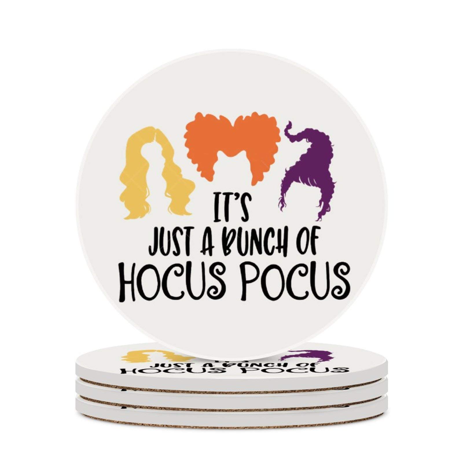 Hocus Pocus Halloween Coasters Set of 4 - Round Ceramic Drink Coasters with Cork Base for Cups & Mugs - Witchy Home Bar Decor, Kitchen Table Protectors - Perfect for Halloween Party, Themed Dinner & Spooky Decorations