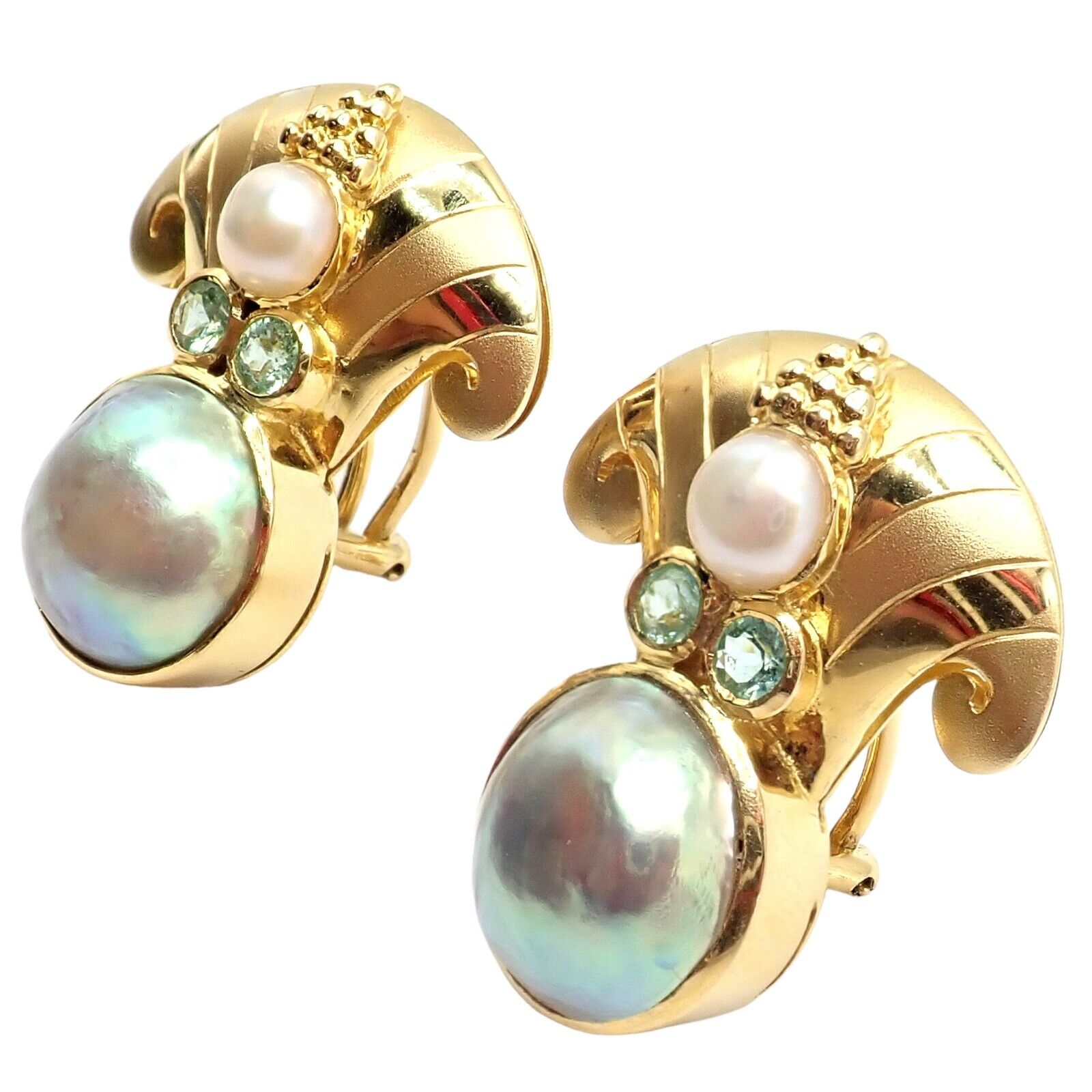 Exquisite Vintage Paula Crevoshay 18K Gold Abalone Pearl & Blue Gemstone Earrings - Unique Handmade Jewelry for Women - Perfect for Weddings, Anniversaries & Special Occasions