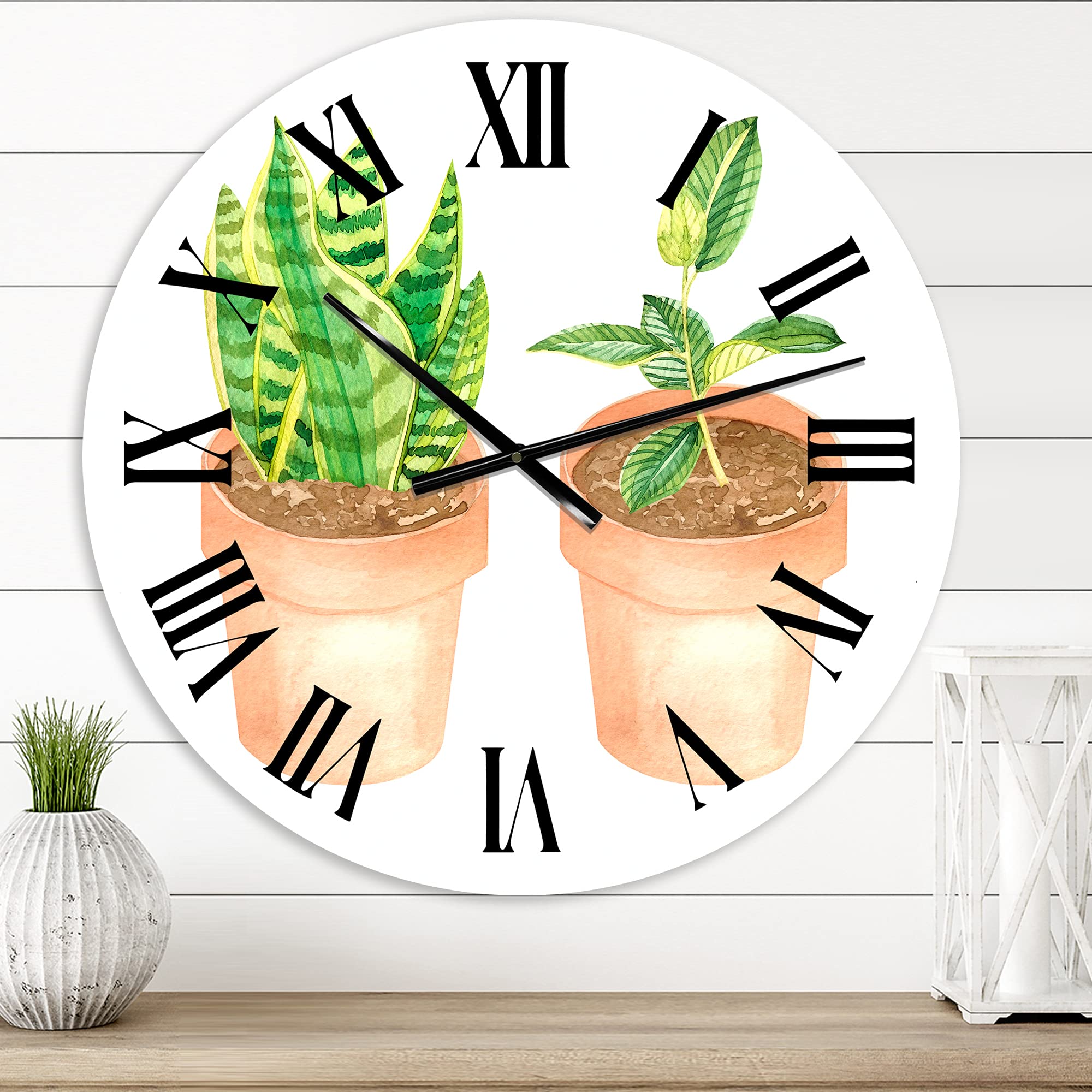 DesignQ Traditional Wall Clock with Sansevieria & Ficus Indoor Plants - Large Floral Botanical Wall Clock for Home Decor | Perfect for Living Room, Bedroom & Office