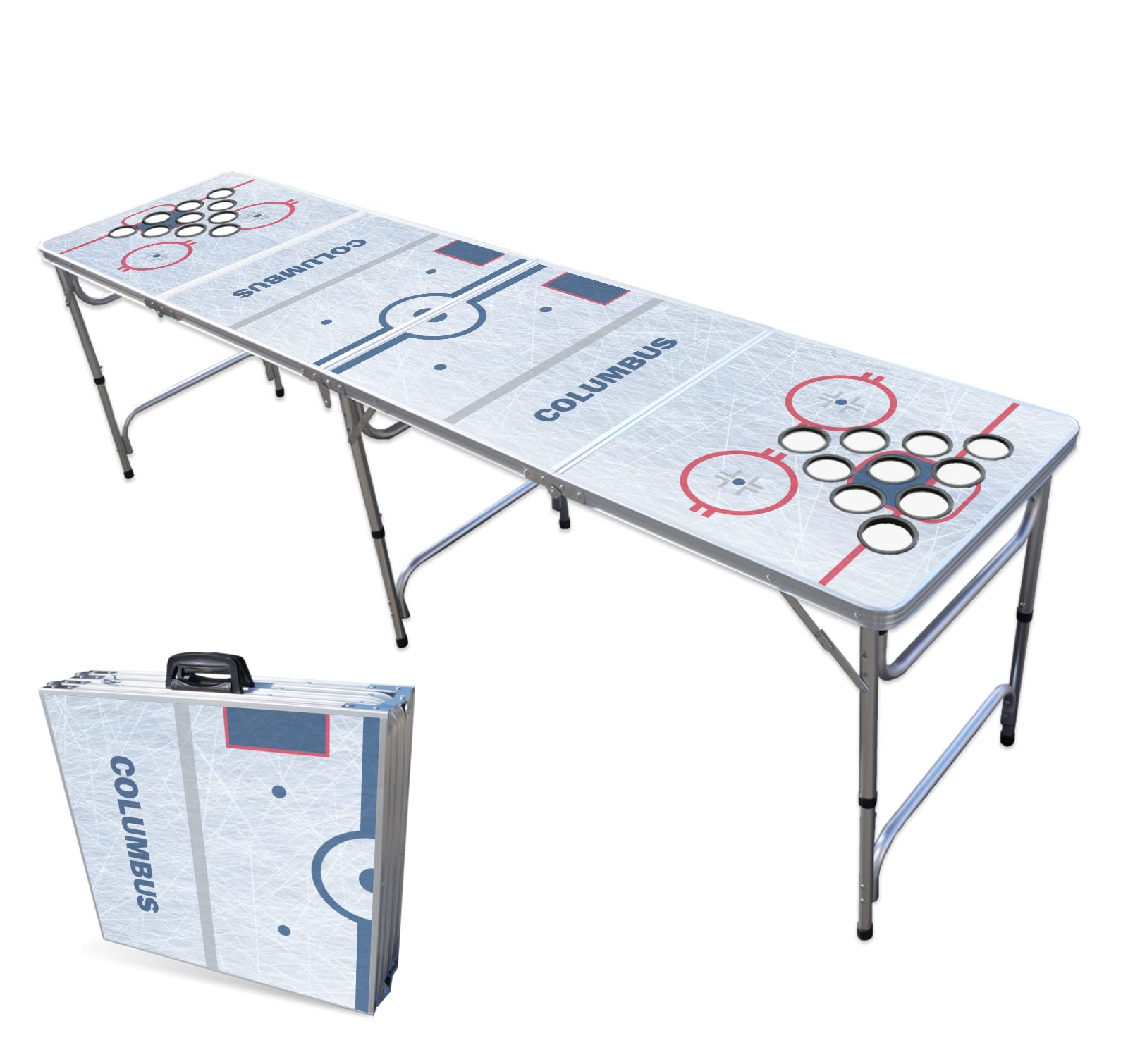 PARTYPONG 8-Foot Folding Portable Beer Pong Table with LED Lights & Optional Cup Holders - Columbus Hockey Rink Design for Indoor/Outdoor Parties, Tailgates & Game Nights