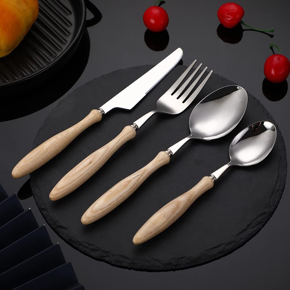 32-Piece Stainless Steel Flatware Set with Wooden Handle - Mirror Polished Silverware Utensils (Forks, Spoons, Knives) for Home, Restaurant & Daily Use - Perfect for Family Dinners, Parties & Outdoor Picnics