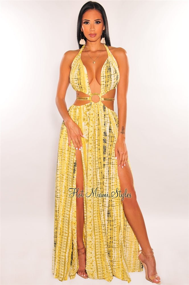 Yellow Tie Dye O Ring Cut Out Gold Belted Double Slit Maxi Dress for Women - Boho Chic Summer Beach Party & Vacation Outfit