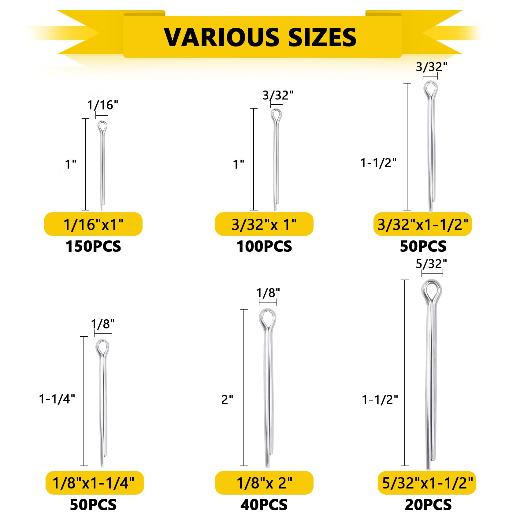 410PCS Cotter Pins Assortment Kit - 6 Sizes Zinc Plated Carbon Steel Hairpin Cotter Pins Fasteners for Automotive, Axles, Trailer Hitch, Tractors - Perfect for Vehicle Repairs, Machinery Maintenance & DIY Projects