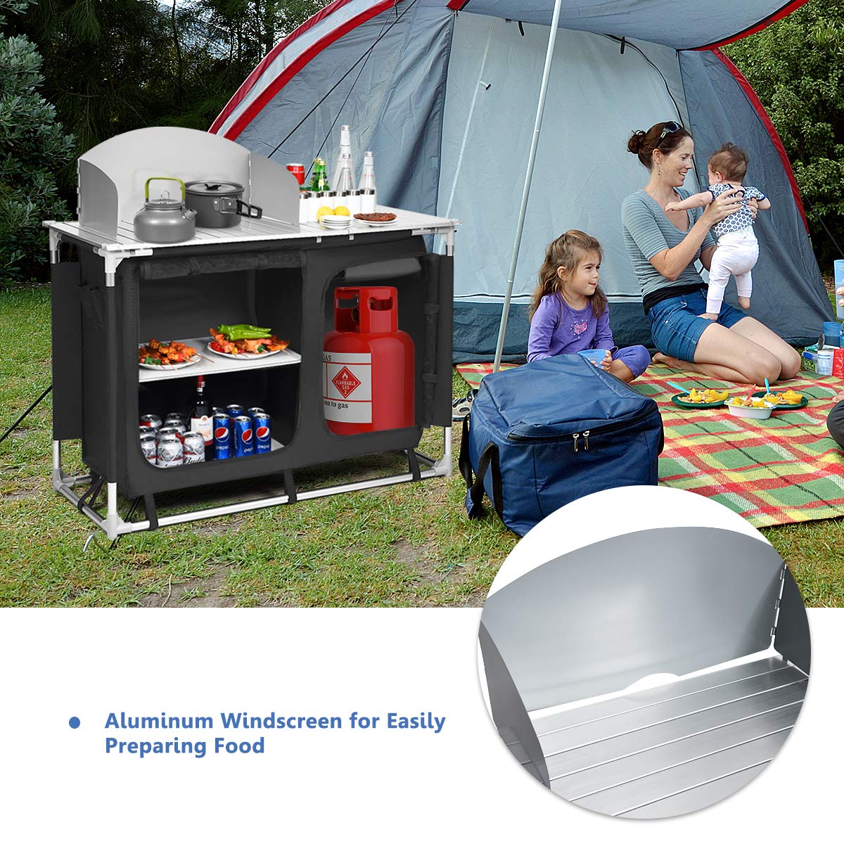 Giantex Portable Outdoor Camping Kitchen Table with Windscreen & Removable Sink | Foldable BBQ Grill Station for Camping, Backyard Parties, Picnics & Outdoor Cooking | Heavy-Duty Aluminum Frame for Stability