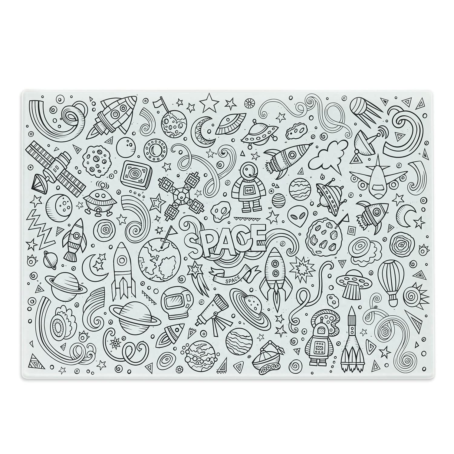 Ambesonne Cartoon Cutting Board - Sketch Abstract Planets Doodle Style Tempered Glass Serving Board, Large Size White & Black - Perfect for Kitchen Prep, Charcuterie Display & Party Serving