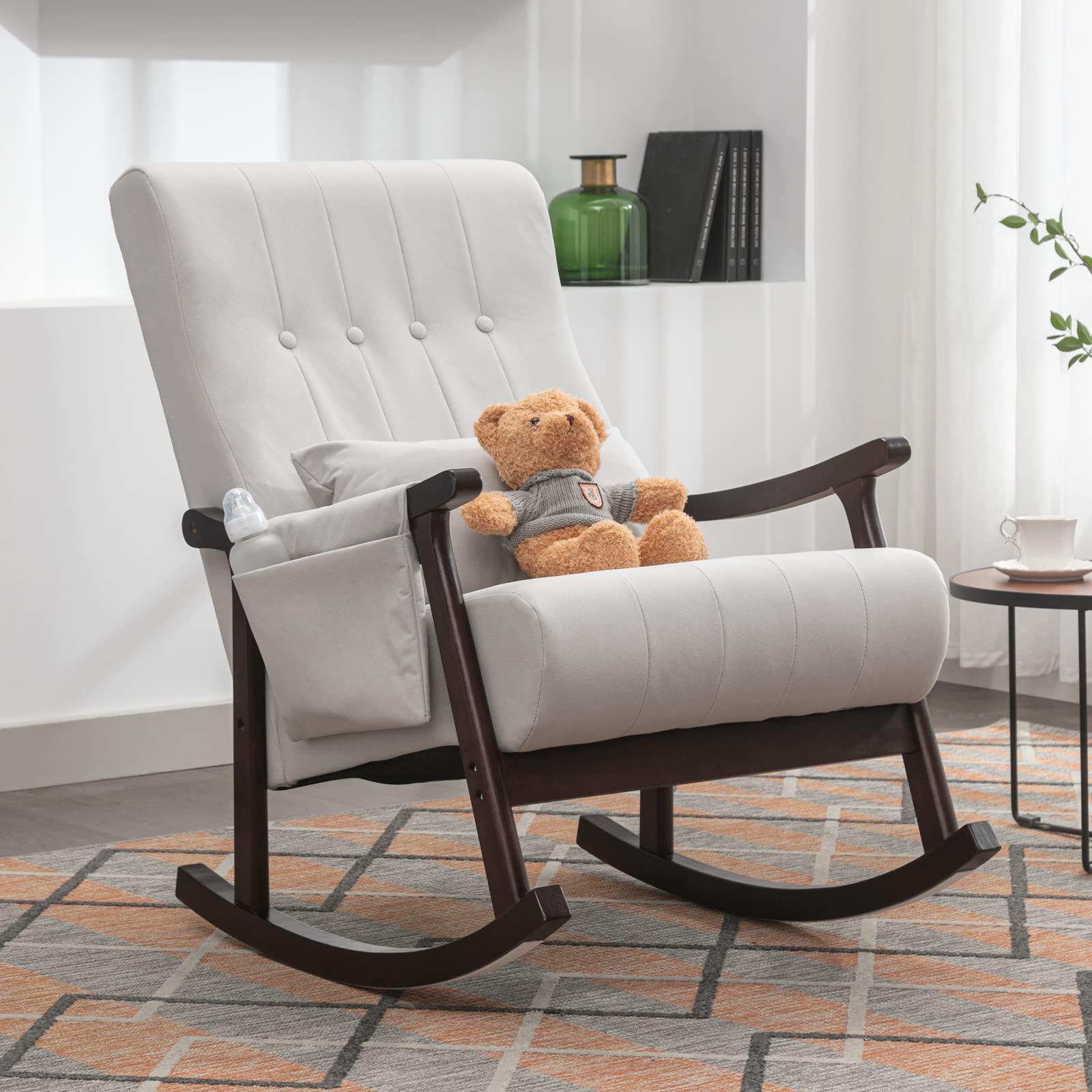 **High Back Rocking Glider Chair for Nursery - Light Gray Tufted Nursing Chair with Side Pocket & Lumbar Pillow - Comfortable Rocker for Moms, Baby Room, Living Room Accent - Perfect Gift for New Parents**    *(Ideal for breastfeeding, nursery relaxation, or stylish living room seating)*