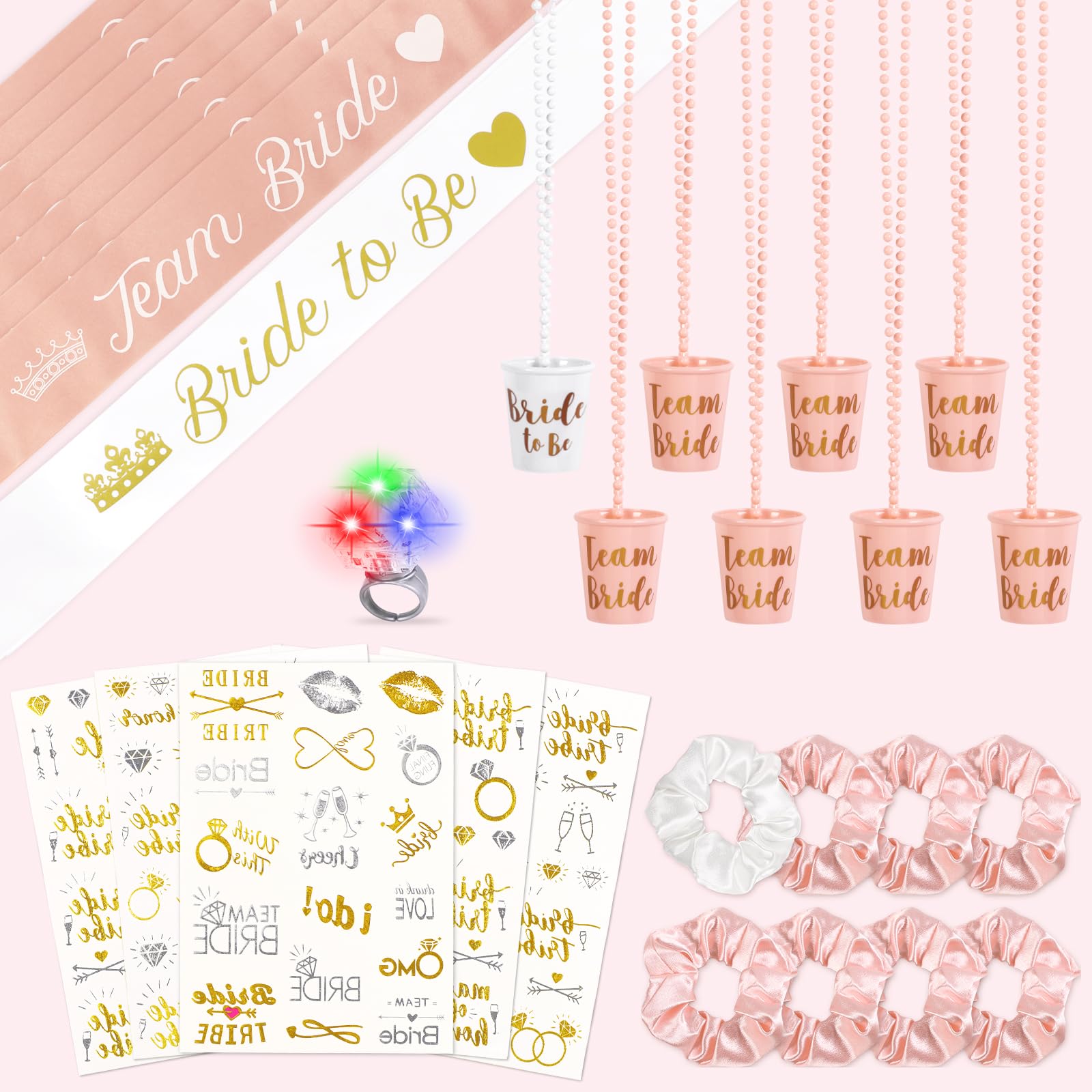 JollyLife 30Pcs Bachelorette Party Favors Kit - Bride to Be Decorations with Sash, Scrunchies, Temporary Tattoos, Necklace & Diamond Ring - Perfect for Bridal Showers, Hen Parties & Bachelorette Celebrations