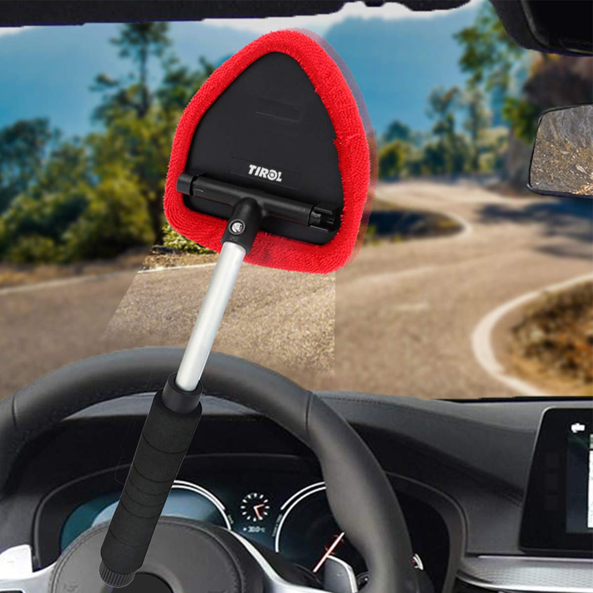MASO Adjustable Handle Car Windscreen Cleaner - Long Reach Auto Window Glass Cleaning Brush with Microfiber Cloth for Home & Kitchen (Red, 1PCS) - Perfect for Hard-to-Reach Windows and Windshields