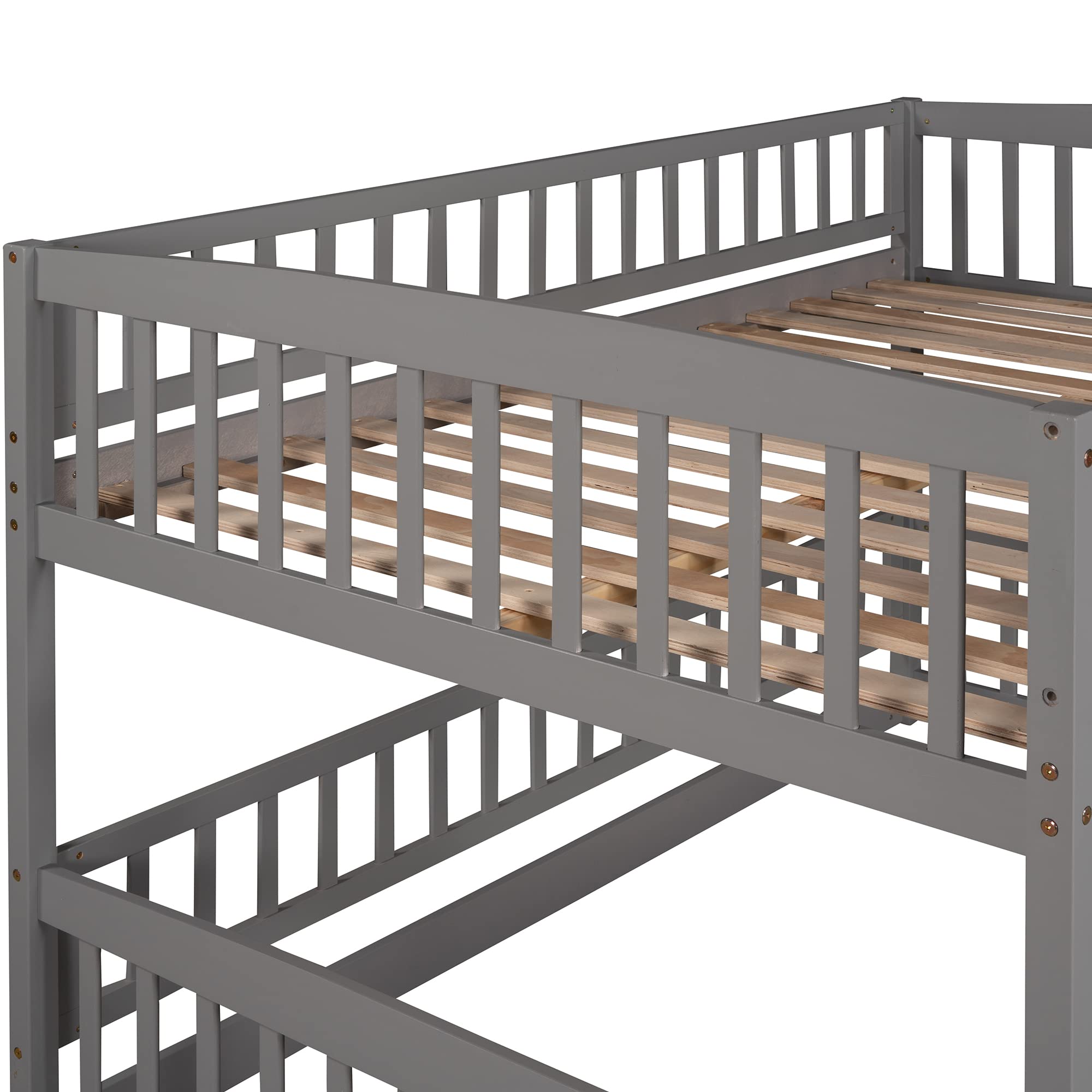 Harper & Bright Designs Full Over Full Low Kids Bunk Bed with Slide - Wooden Bunk Bed Frame with Safety Guardrail, Ladder & Fun Small Door for Toddlers, Kids & Teens - Perfect for Small Bedrooms, Playrooms & Sleepovers (Grey)