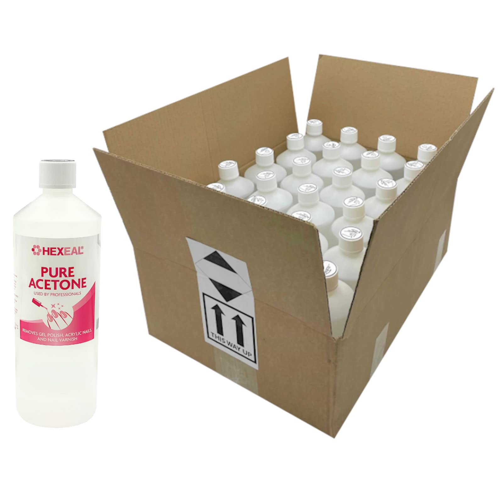 Hexeal Pure Acetone 25L - 25 x 1L Bottles of 99.5% High Strength Acetone for Nail Polish Remover, Gel & Acrylic Removal - Professional Grade for Salons & DIY Manicures - Perfect for Nail Art, Soak Offs & Beauty Treatments