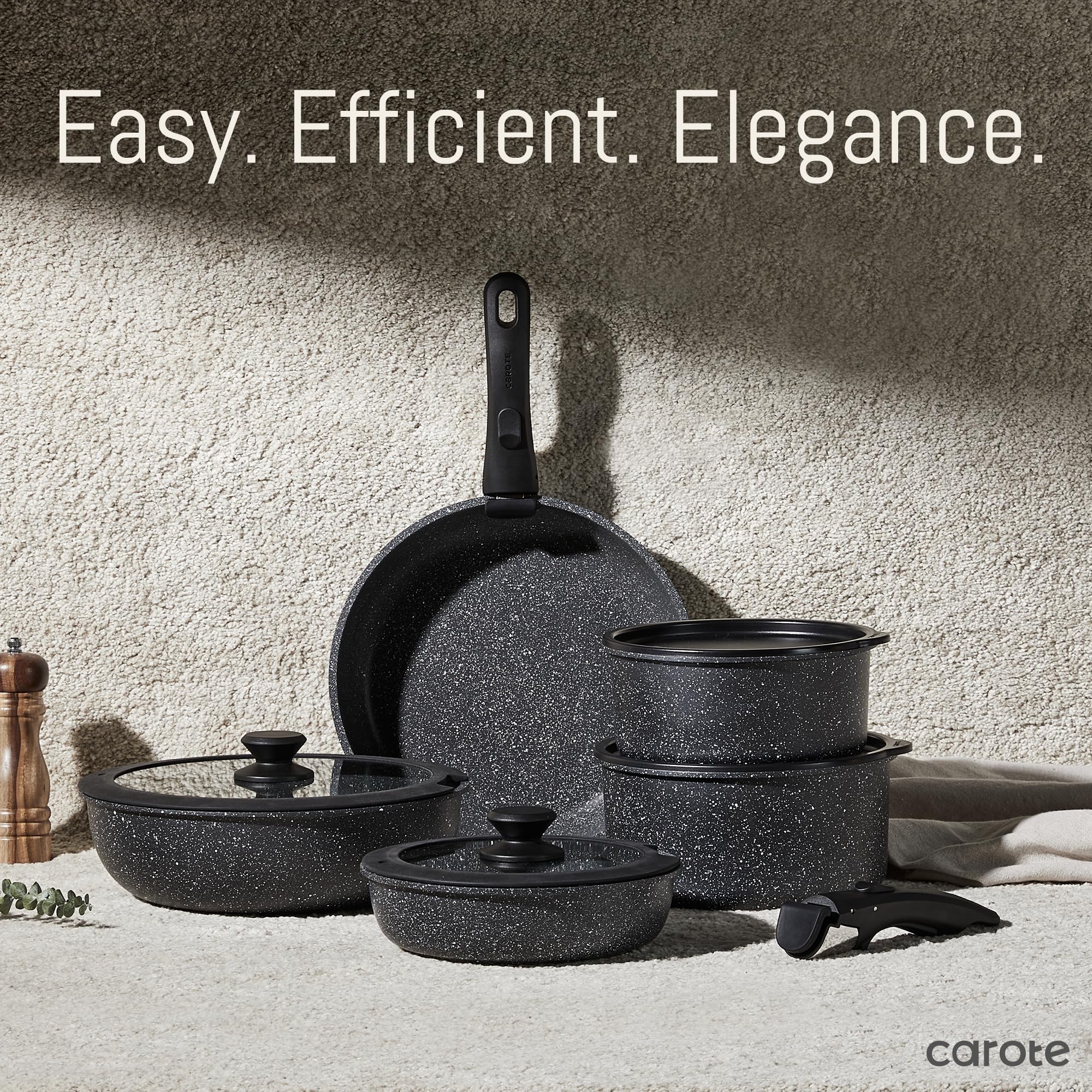 CAROTE 11-Piece Nonstick Cookware Set with Detachable Handle - Induction Compatible, Oven & RV Safe, Black - Perfect for Small Kitchens, Camping & Travel Cooking