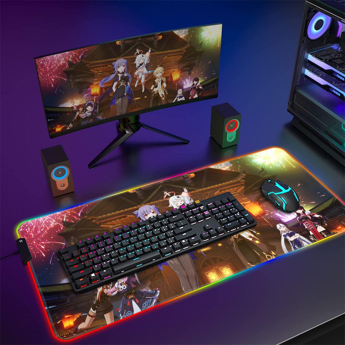HEYCE Extended Gaming Mouse Pad with LED - Large Keyboard & Mouse Mat (60x35x0.3cm) for Genshin Impact & ROG Gaming - Perfect for PC, Laptop, Office & Gaming Setup
